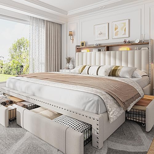 EnHomee King Size Bed Frame with 4 Storage Drawers, 2-Tier Vertical Tufted Storage Headboard, Platform King Bed Frame with Wooden Slats Support, No Box Spring Needed, Beige