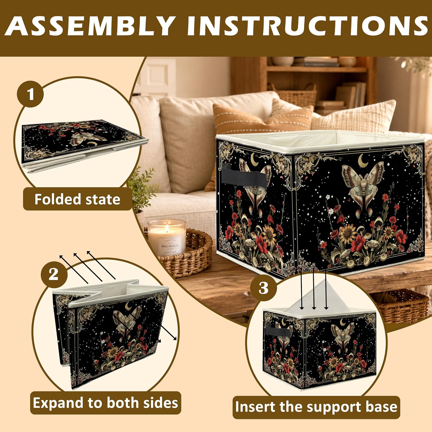 Gothic Moth Moon Floral Foldable Storage Bins with Handles