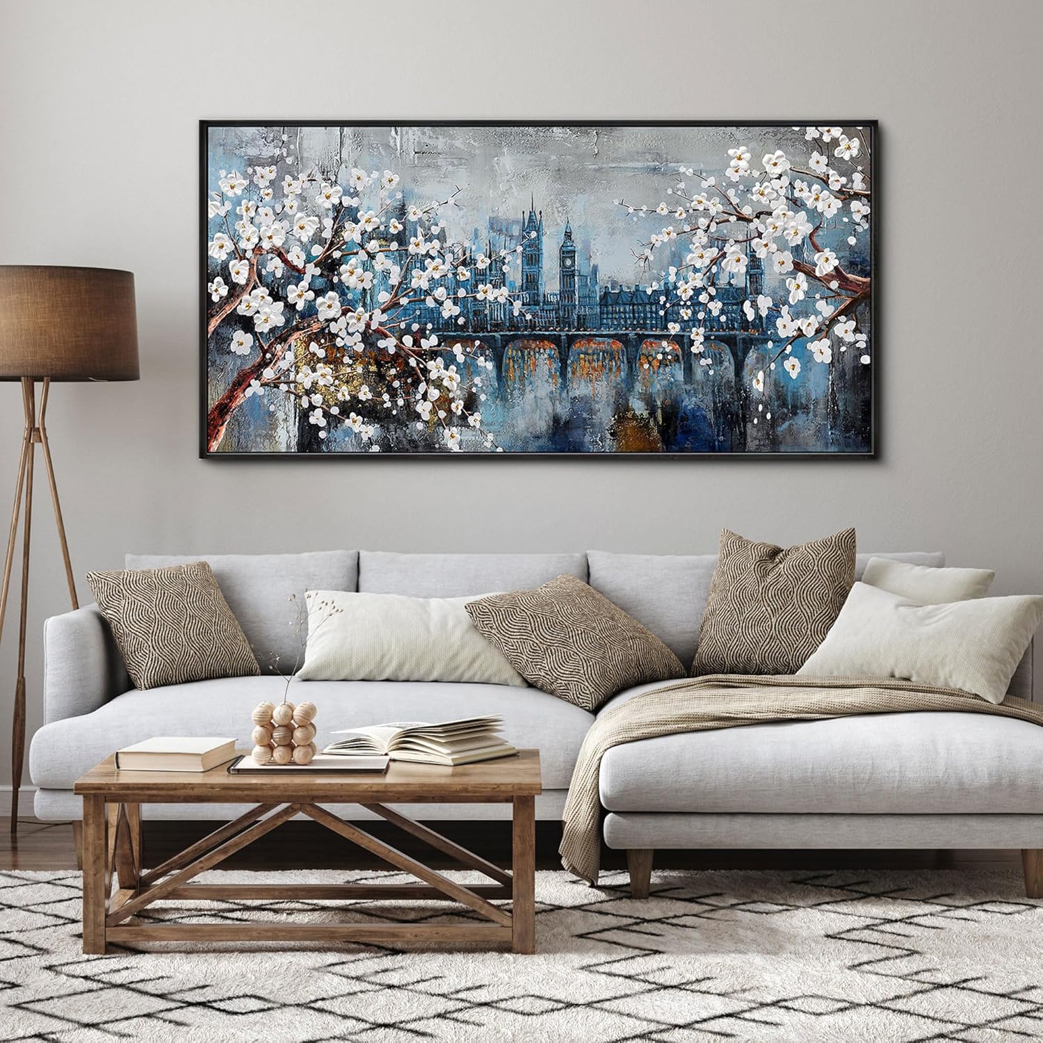 klakla large wall art for living room city scenes - black frame large abstract wall decor bedroom office landscape plum blossom picture artwork for wall modern home decoration blue and white 58"l x 29"w