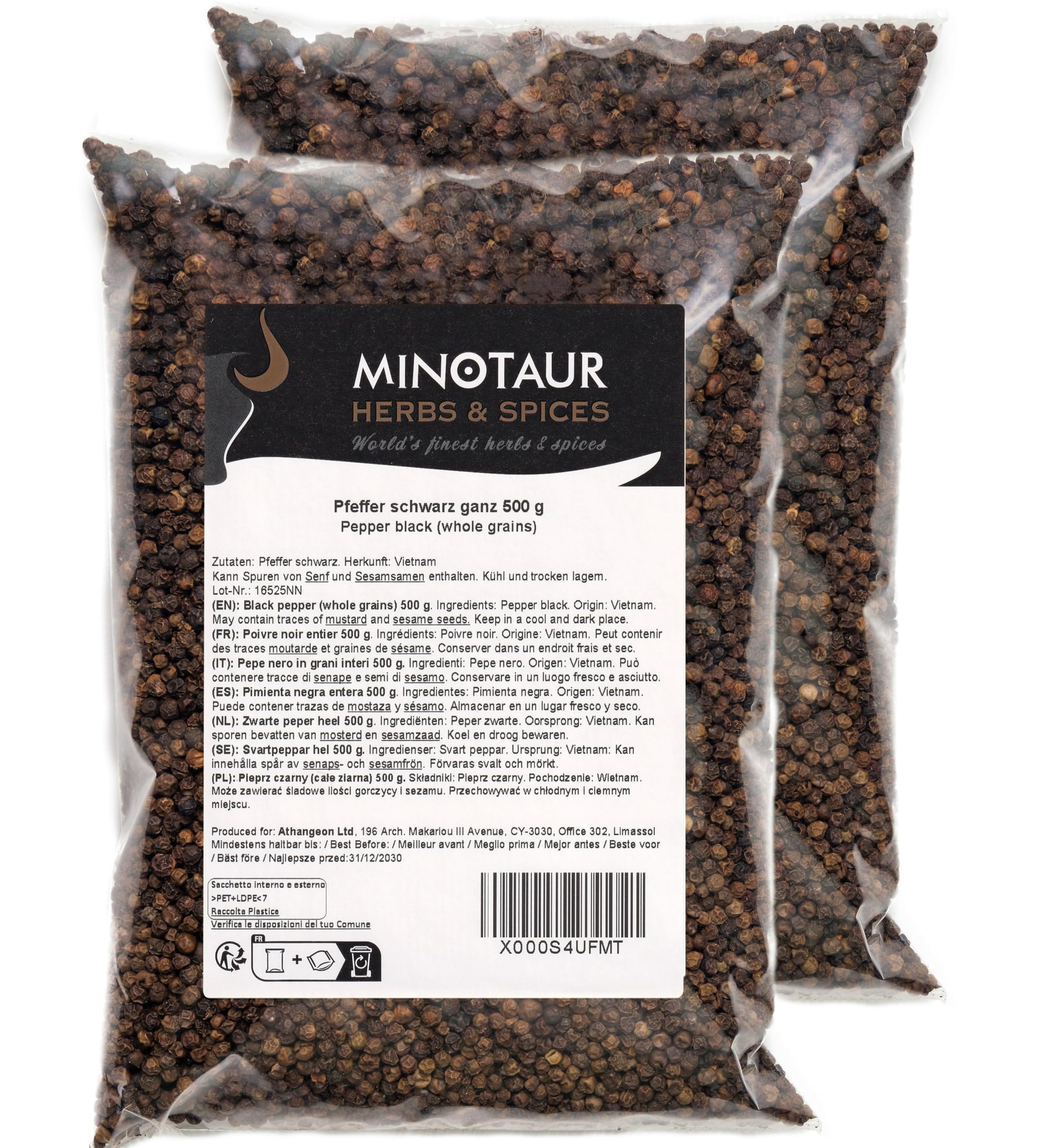 Minotaur Spices | Poivre noir, Poivre en grains entier, 2 x 500 g (1 kg)