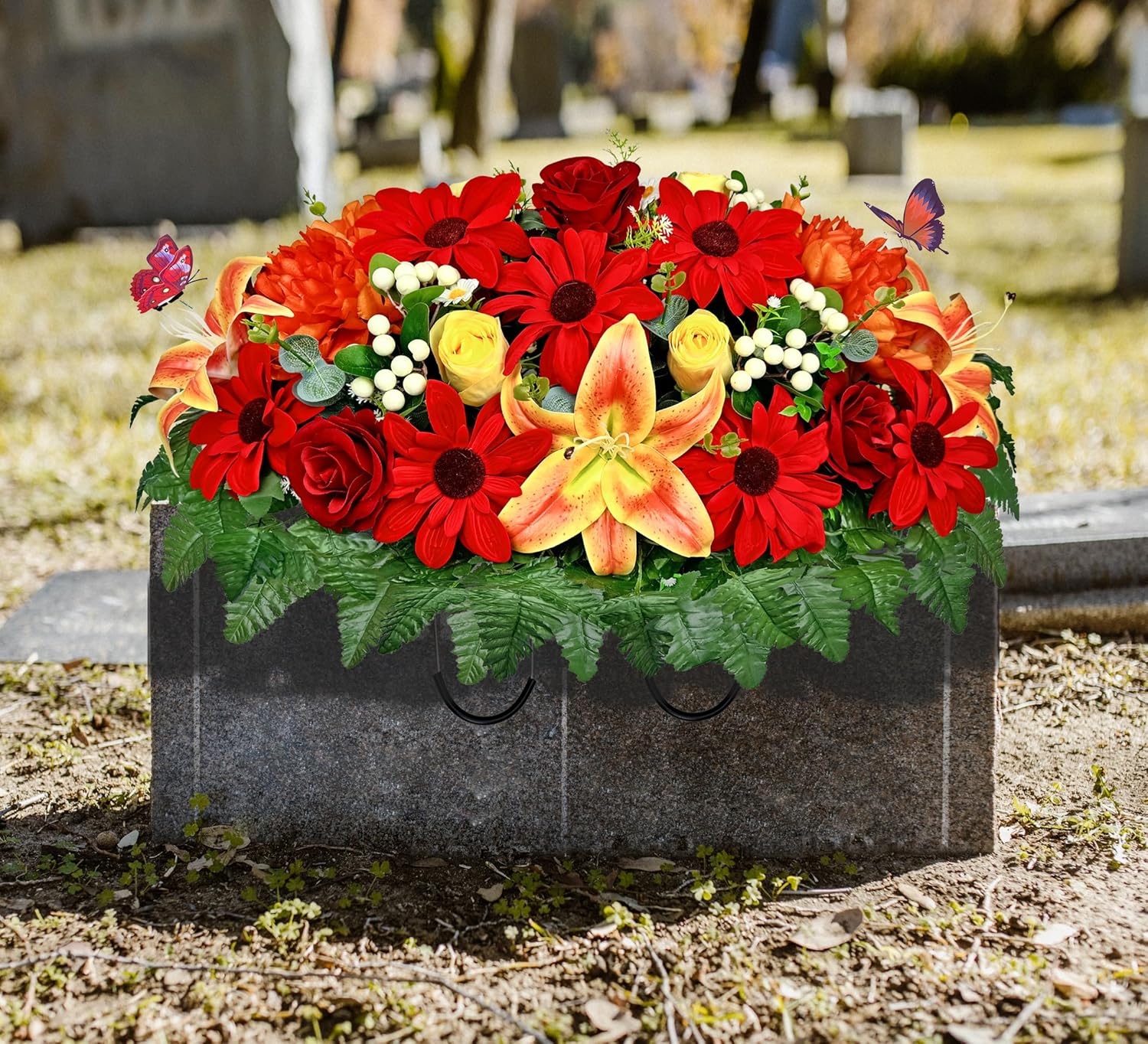 Handmade Headstone Flower Saddle - Artificial Cemetery Flowers for Grave Decoration-Funeral/Memorial/Graveside Flowers of Rose Sunflower Lily Berry,Non-Bleed Color