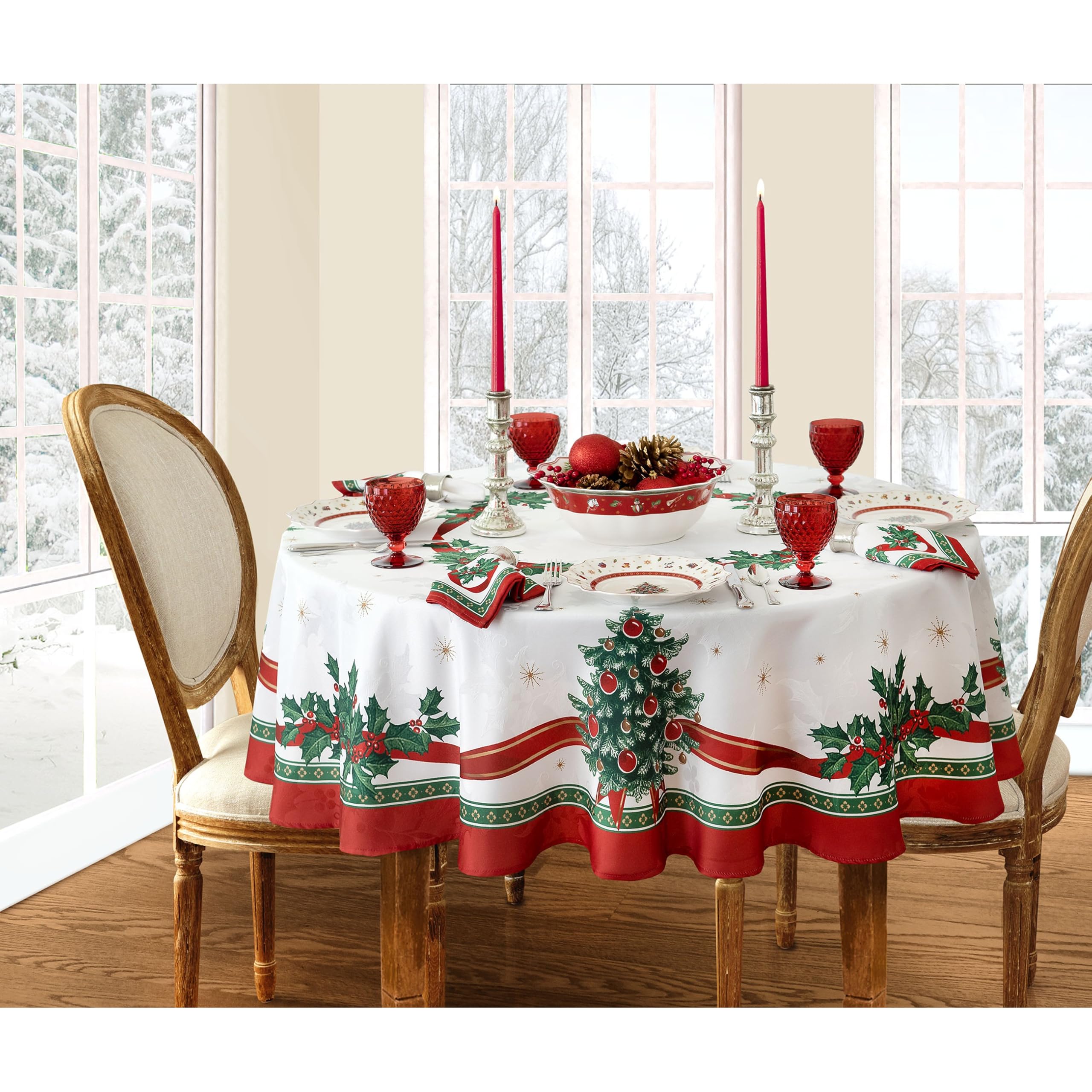 Elrene Home Fashions Villeroy & Boch Toy's Delight Christmas Wrinkle Resistant Fabric Tablecloth, Holiday Table Decor, 60"x84" Oval, Multi