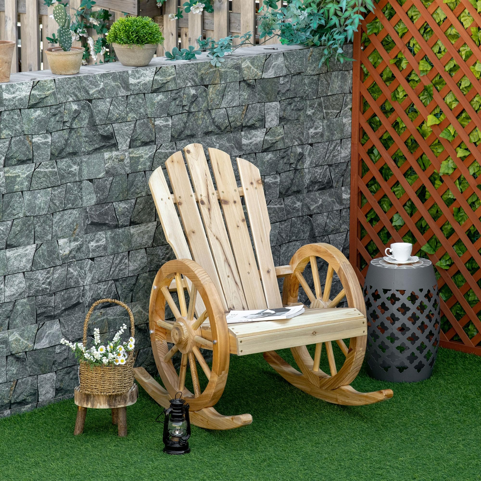 Outsunny Schaukelstuhl, Schwingsessel, Gartenstuhl mit Rollen-Design, Rustikaler Relaxstuhl, Naturholz, Massivholz, 68 x 88 x 92 cm