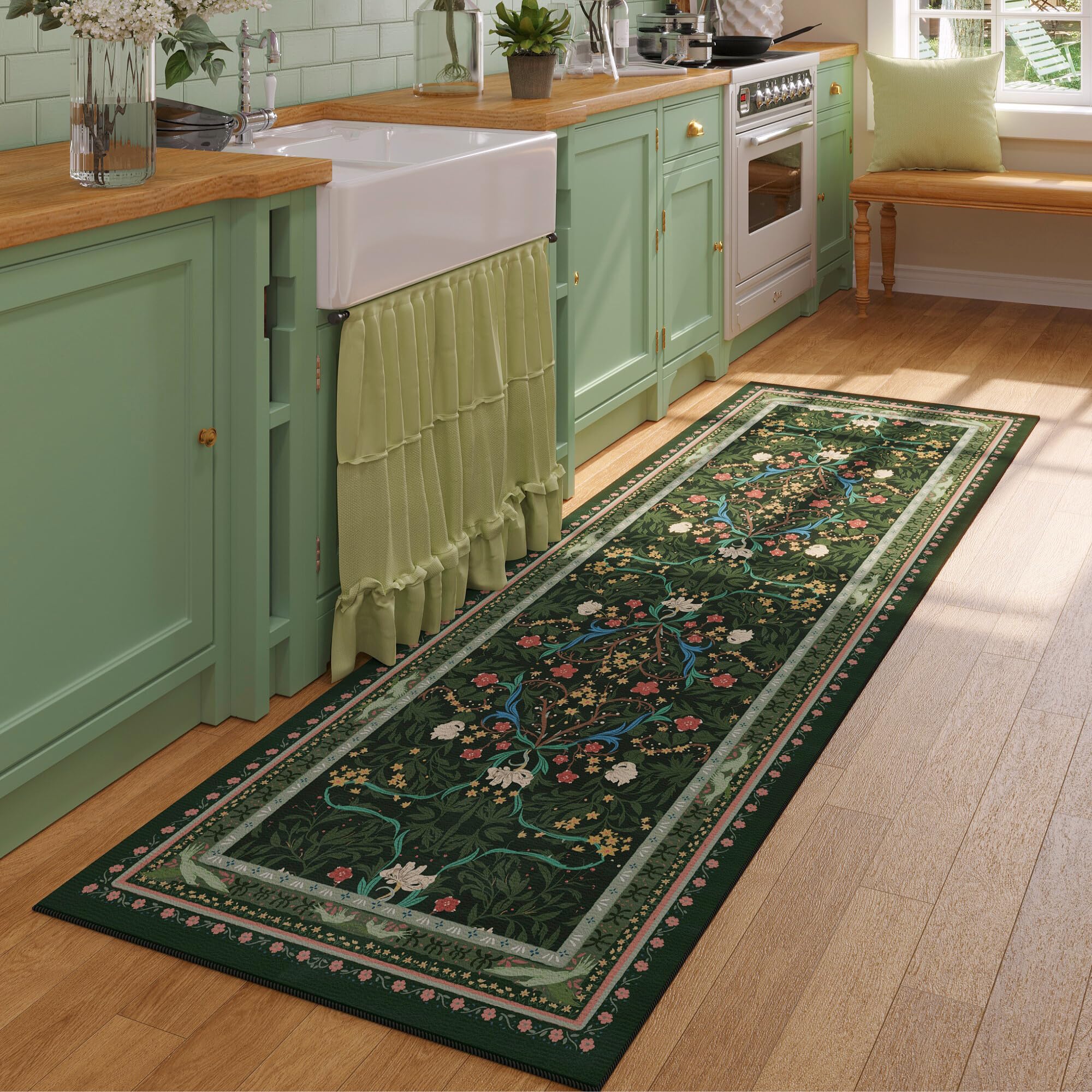 Runner Rug for Kitchen Rug Non Slip 2'x6' Washable Rugs with Rubber Backing Soft Vintage Floral Botanical Carpet Runner for Kitchen, Laundry, Bedroom, Bathroom, Green