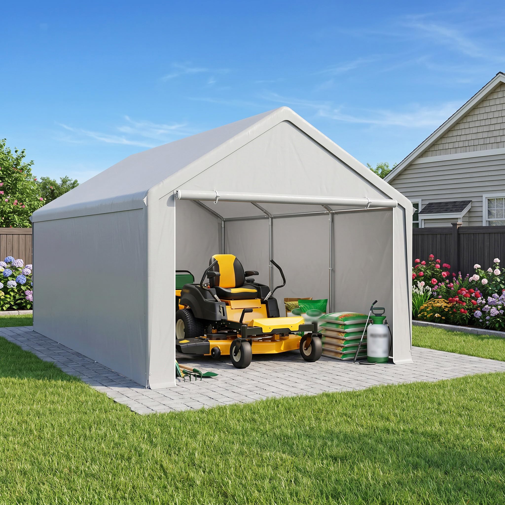 XMTECH Tente de garage, abri de voiture, 4 x 6 m, résistante aux UV et au soleil, avec portes, tente de pâturage, tente de stockage, abri de voiture, pour SUV, bateau, camion, cargaison, événements en