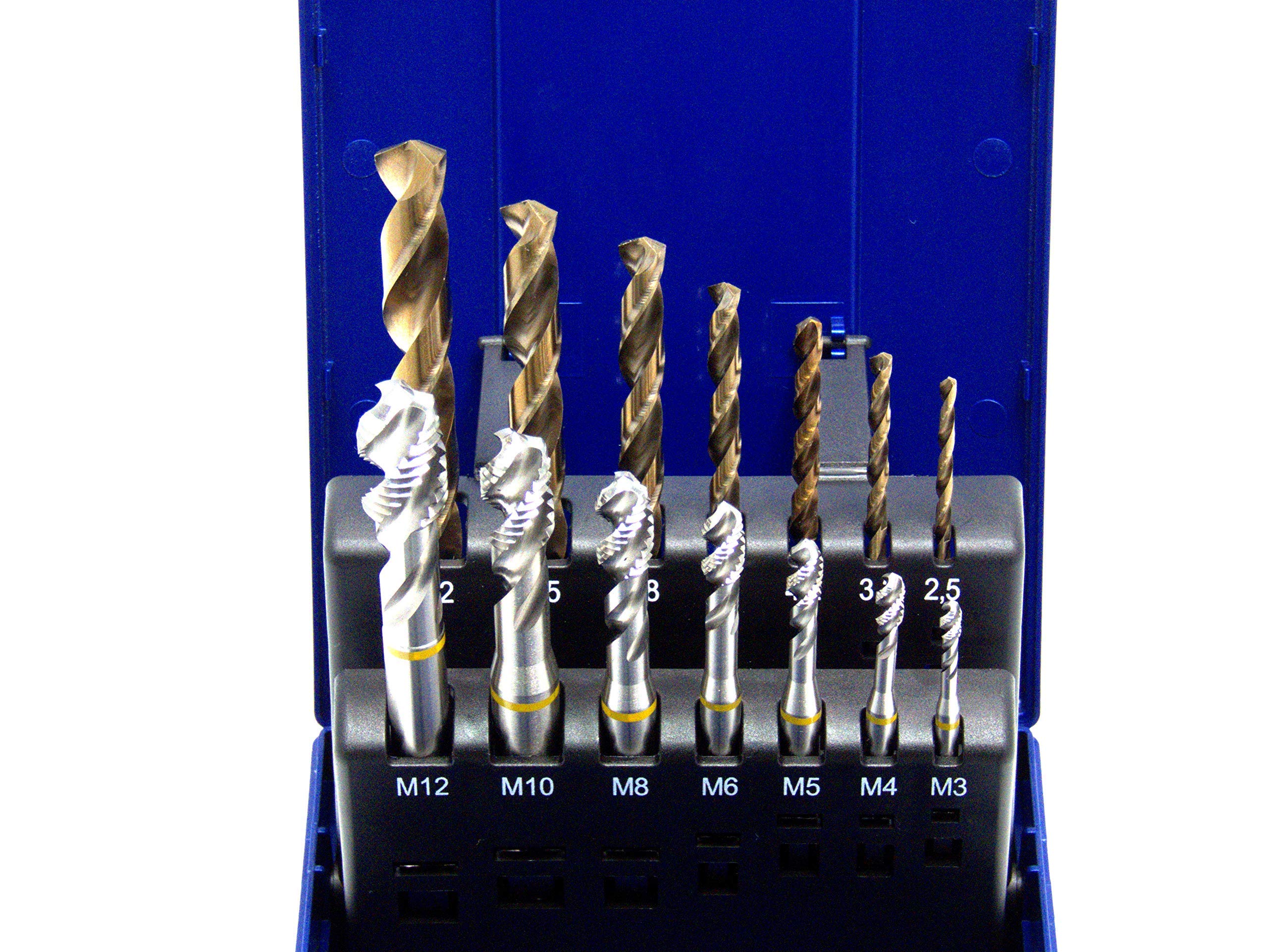 Lot de 14 tarauds pour machine M3 - M12 HSSE-Co5 DIN 371 - Trou borgné 39° RSP - Avec carottier HSSE-Co5