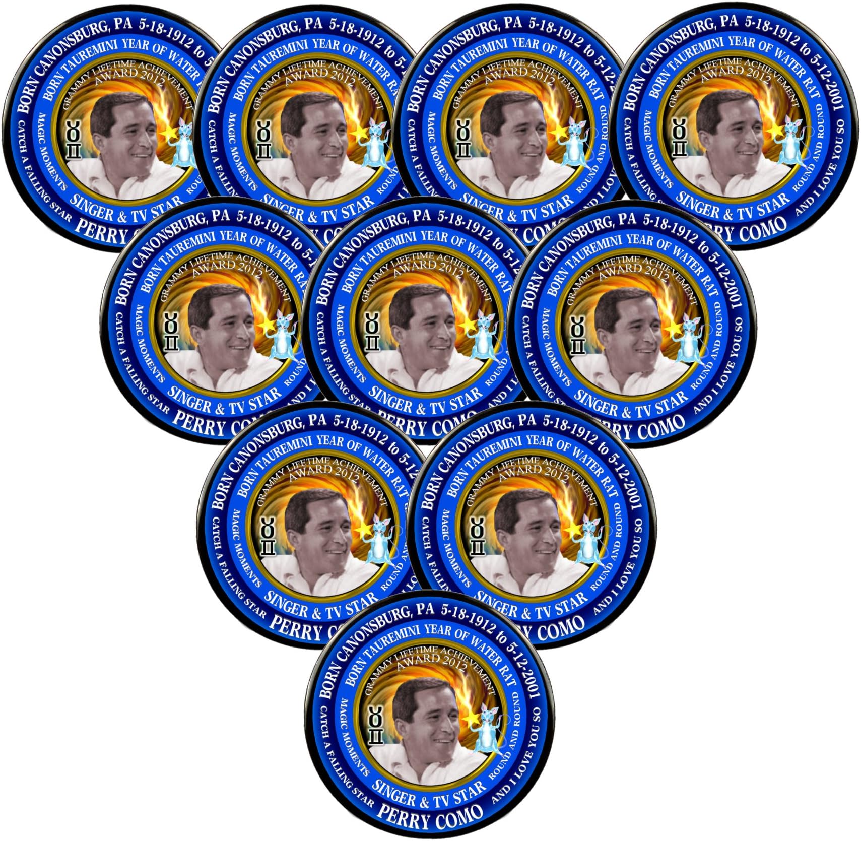 Pack-10 Perry Como Singer Pin, Astrology Taurus Gemini Cusp Zodiac Water Rat