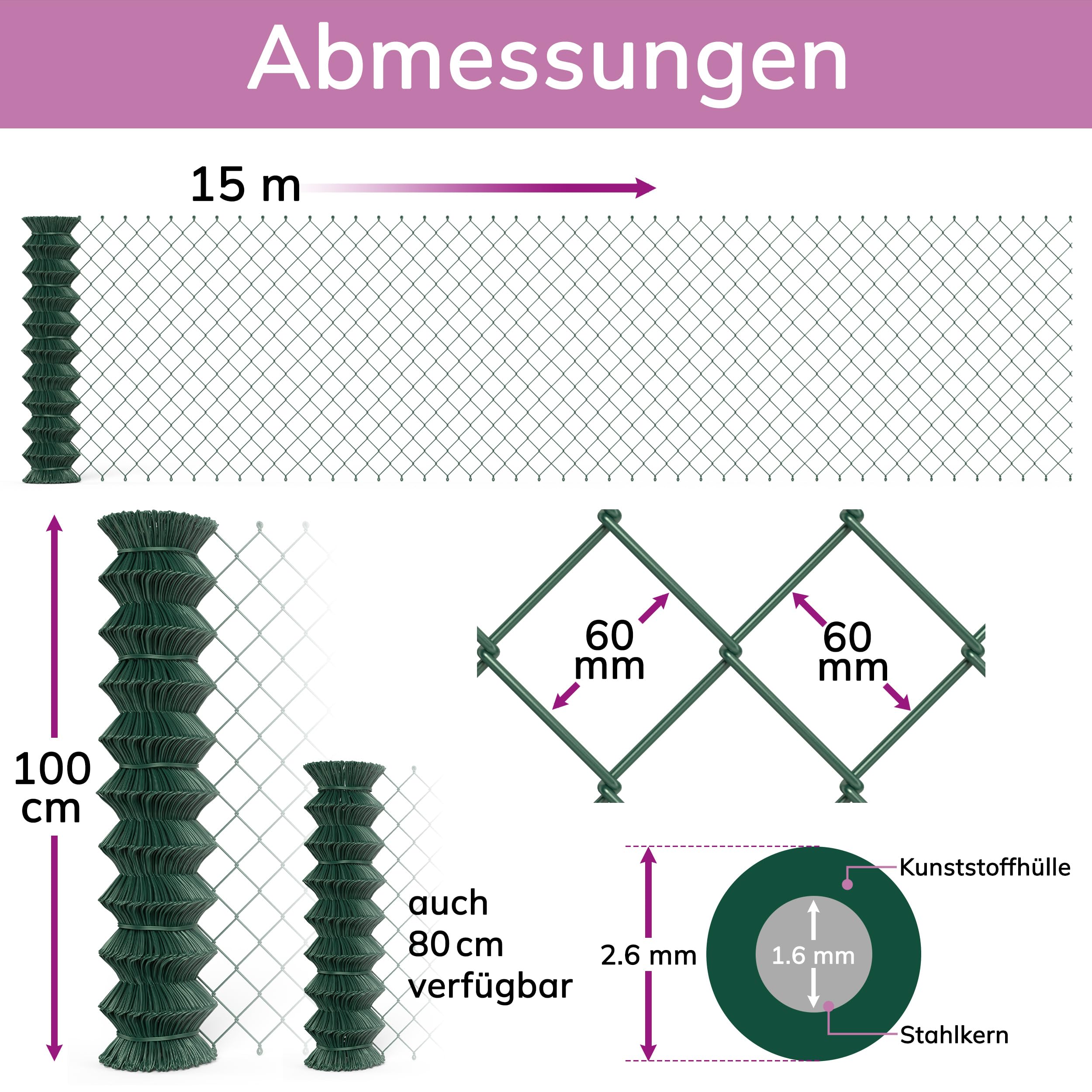 Maschendrahtzaun grün/Gartenzaun mit Viereckgeflecht, 100 cm Höhe, 15 m Länge/idealer stabiler Zaun für Grundstück, Garten und Tiergehege