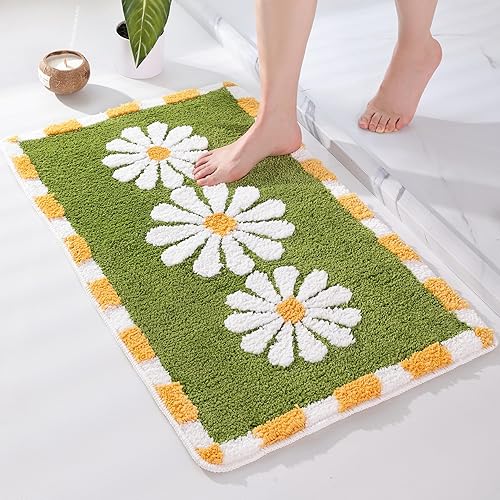 Panstar Alfombras de baño con diseño de flores verdes, antideslizantes, estilo bohemio, suave y absorbente, alfombra de ducha de felpa lavable (30 x