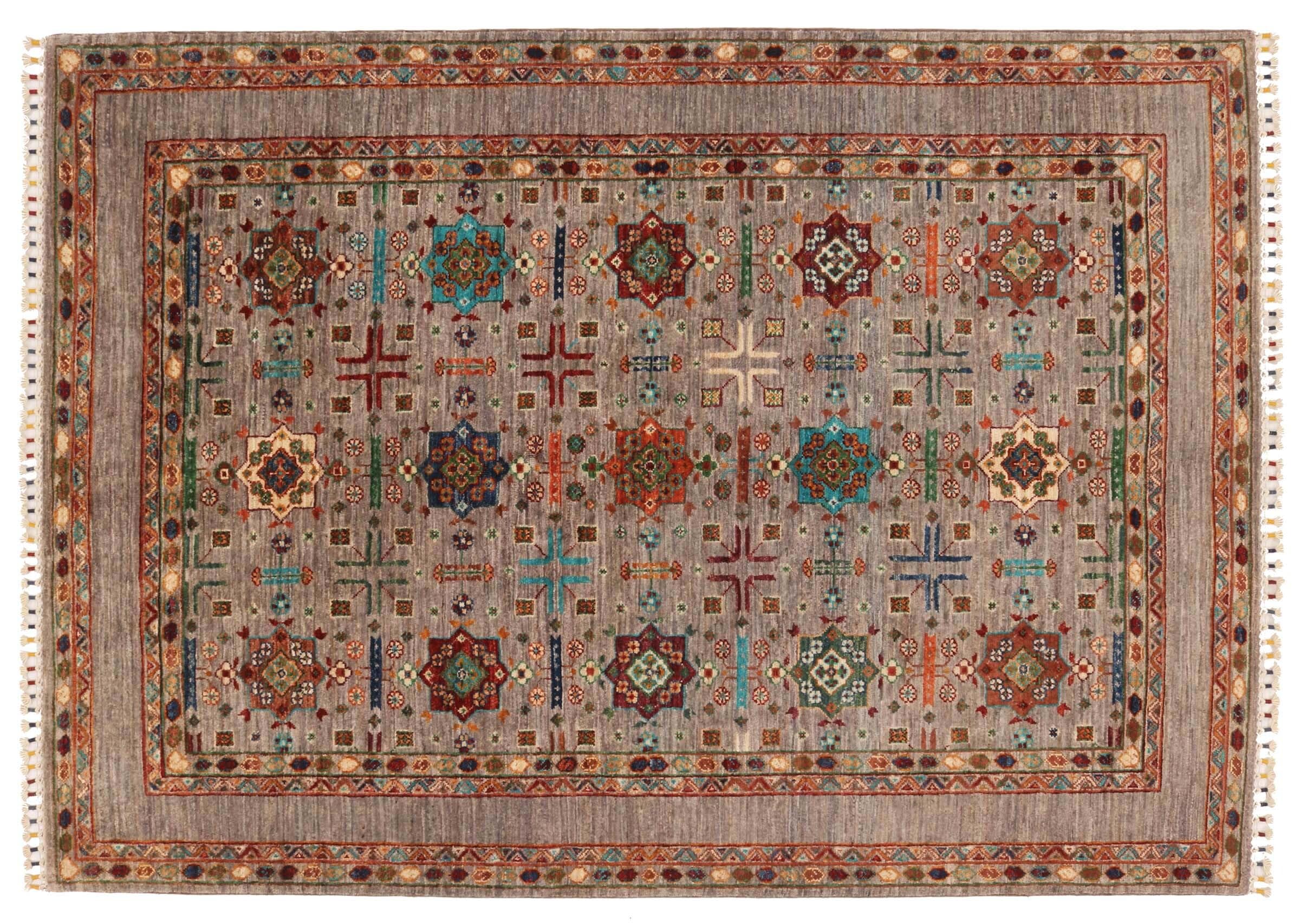 Waziri Teppich 150x200 Handgeknüpft Blau Umrandung Orientalisch UNIKAT Kurzflor