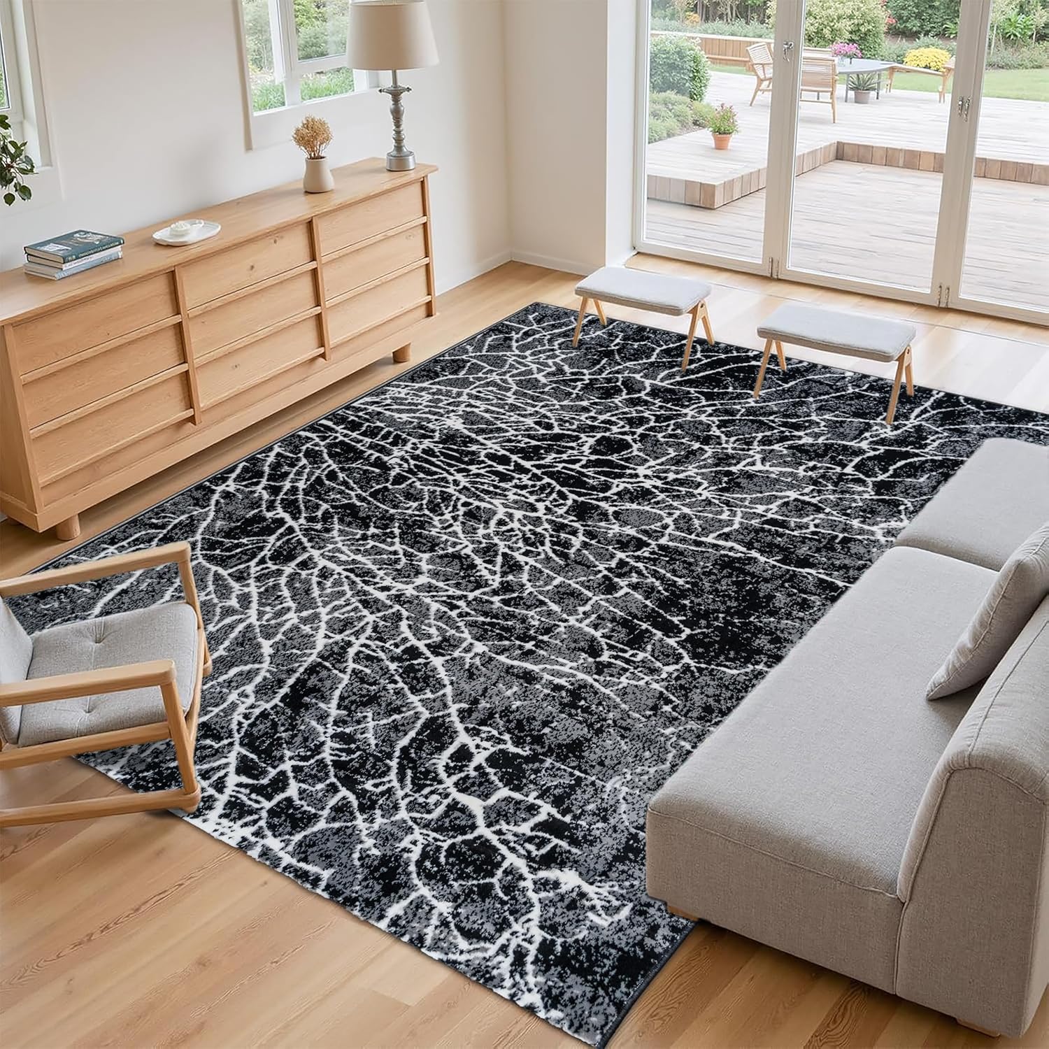5x7 Area Rugs for Living Room Carpet - Soft Modern Abstract for Dining Room, Office - Non-Shedding Medium Pile for High Traffic Area - Steam Cleaner Washable Rug - Jute Backing - Black Lava