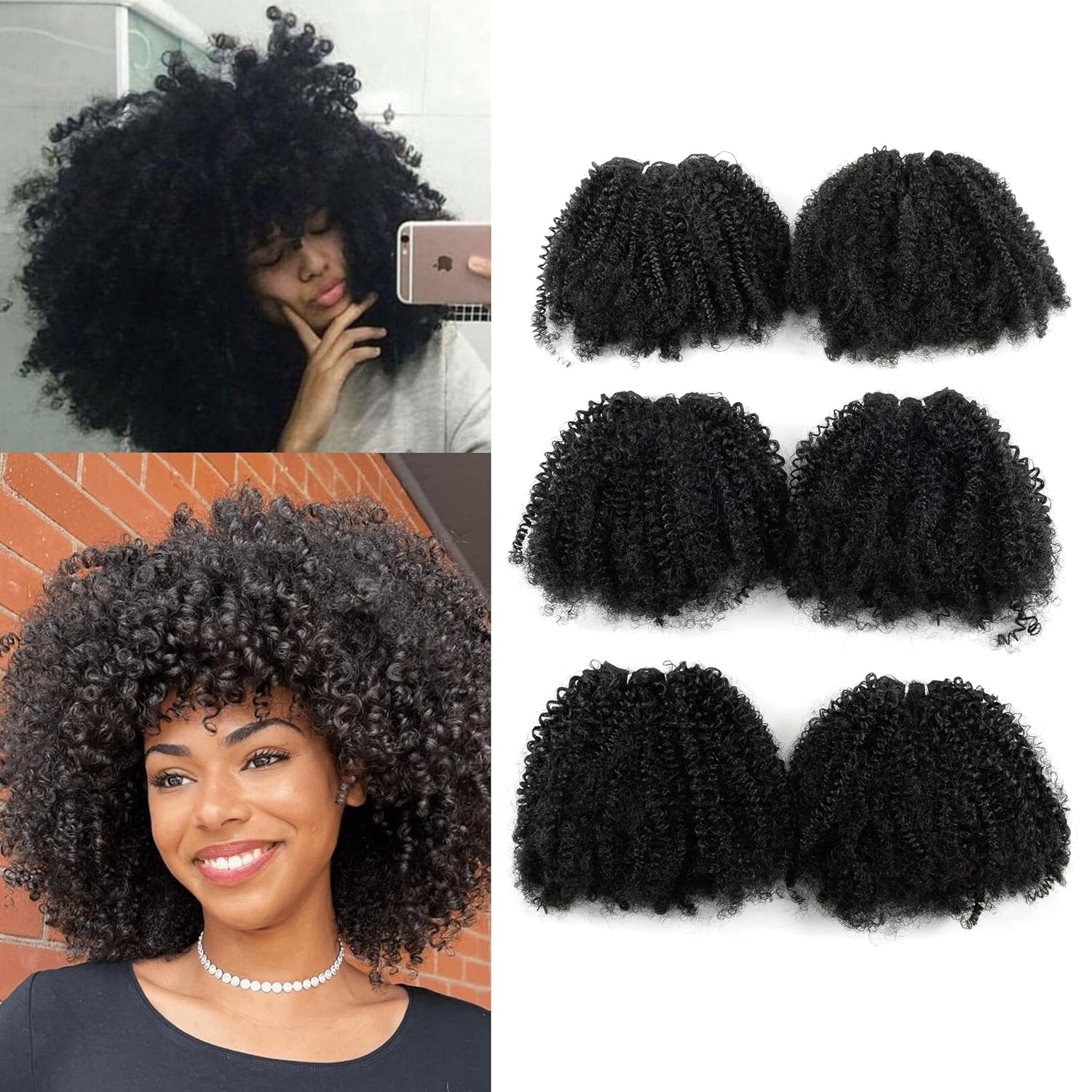 EV&ET Afro Kinky Curly Synthetic Hair Bundles 16 Inch 6 Pieces/Pack Natural Black Soft Heat Resistant Hair Weave Sew in Extensions for Women (Afro kinky #1B, 16 * 6)