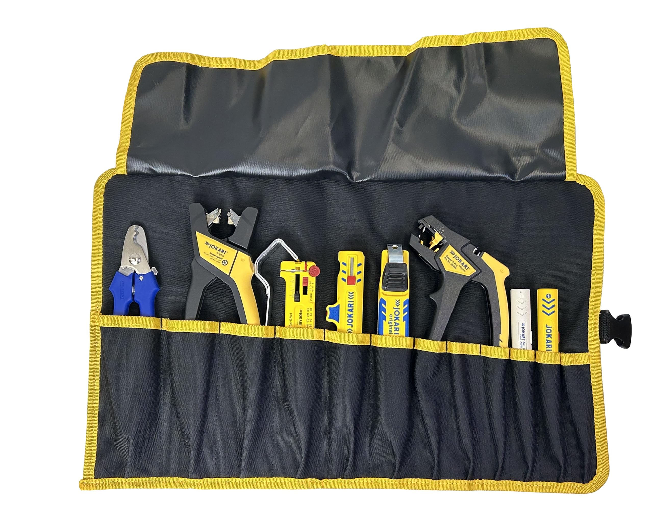 Jokari 490322 - Bolsa para electricista - Juego completo con tijeras para cables, pelacables, pelacables, cuchillos y herramientas para trabajos eléctricos profesionales