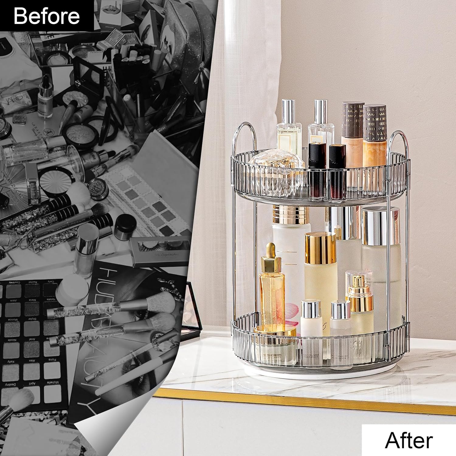 360 rotating makeup organizer for vanity, bathroom countertop spinning perfume organizer, high-capacity cosmetic and skincare dresser make up holder rack (2 tiers, grey) classic grey 2 tiers