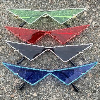 Fashion Diamond Cat Eye Sunglasses for Women Rimless Rhinestone Sun Glasses Oversized Triangle Vintage bling Eyewear (black)