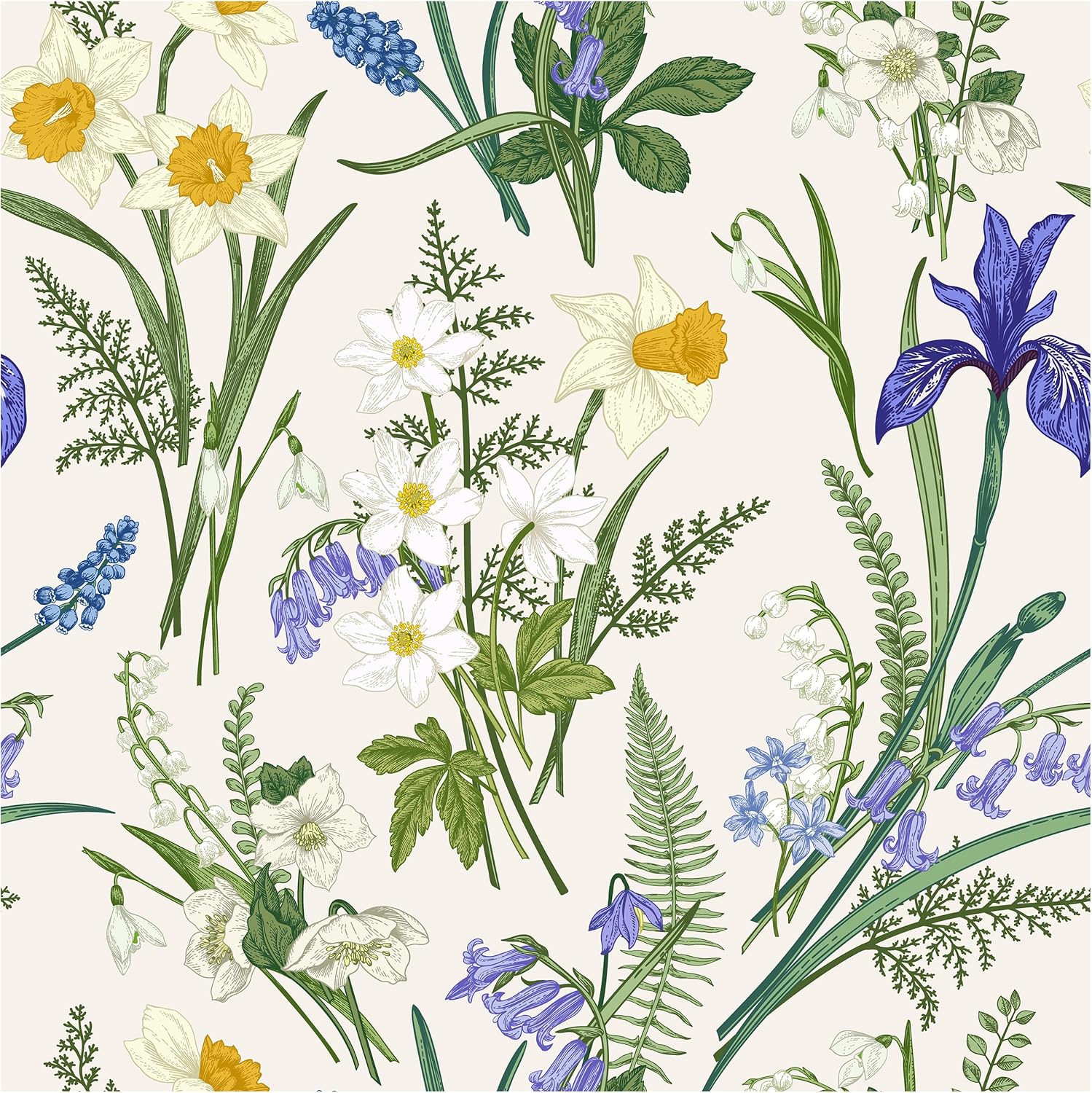 Blooming Wall DPYC47 Watercolor Blooming Daffodil and Campanula Green Leaf Peel and Stick Wallpaper Self-Adhesive Prepasted Wallpaper Wall Décor