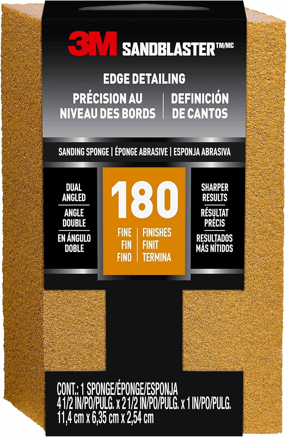 3M 9564 Blaster Dual Angle Sanding Sponge, 180 Grit, Gold