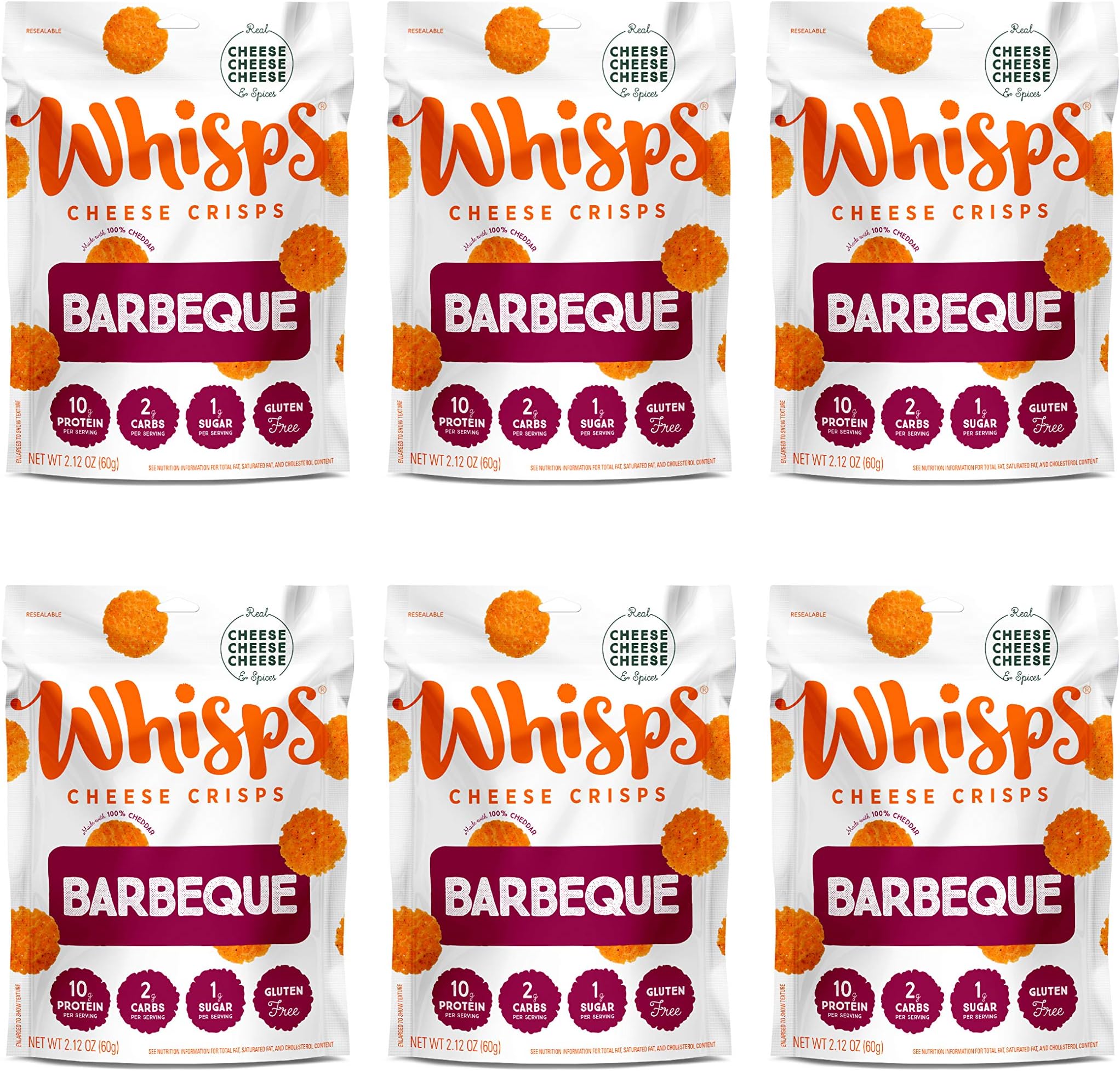 Whisps Cheese Crisps BBQ | Healthy Snacks | Keto Snack, Gluten Free, High Protein, Low Carb Keto Food (2.12Oz, 6 Packs)