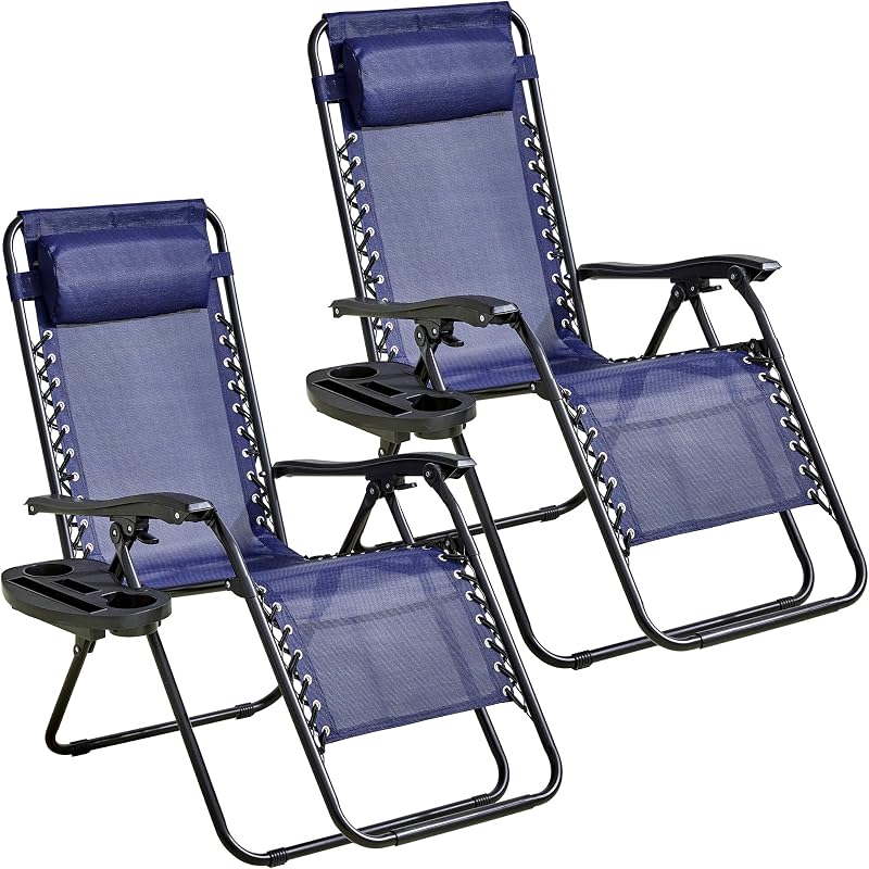 Foristrail 2-Pack Zero Gravity Lounge Chair Recliners - Adjustable Steel Frame with Removable Headrests & Cup/Phone/Tablet Trays - 330LBS Capacity - Navy Blue
