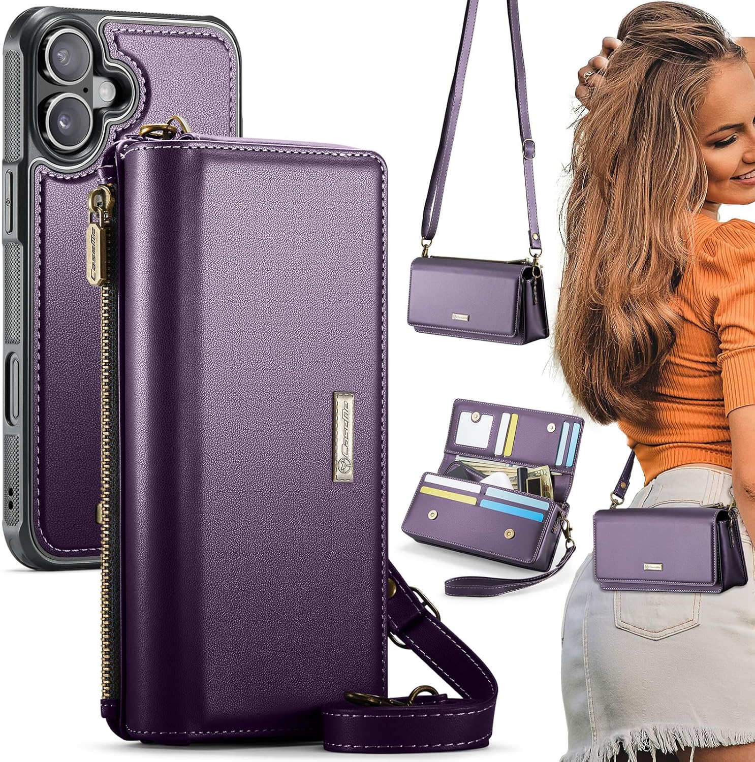 CaseMe 2-in-1 Detachable for iPhone 16 Crossbody Wallet Case with RFID Blocking 10-Card Holder for Woman, PU Leather Wrist Strap Zipper Handbag Purse Wallet Phone Case for iPhone 16 6.1", Purple