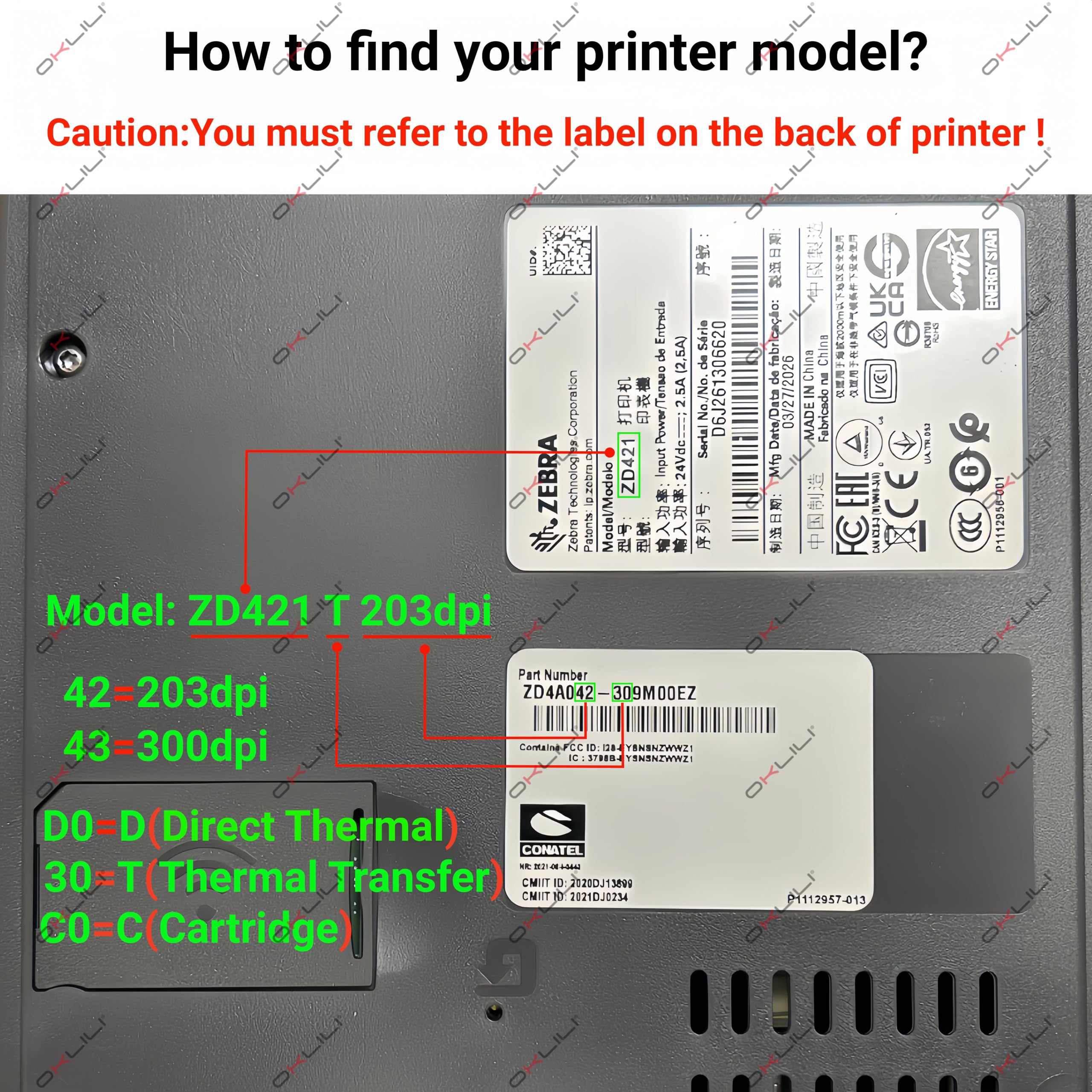 OKLILI Cabezal de impresión de Transferencia térmica para Impresora de códigos de Barras, 203 dpi, 300 dpi, Compatible con Zebra ZD421T ZD421D ZD421 ZD421C ZD421T-HC (ZD421T 300dpi)