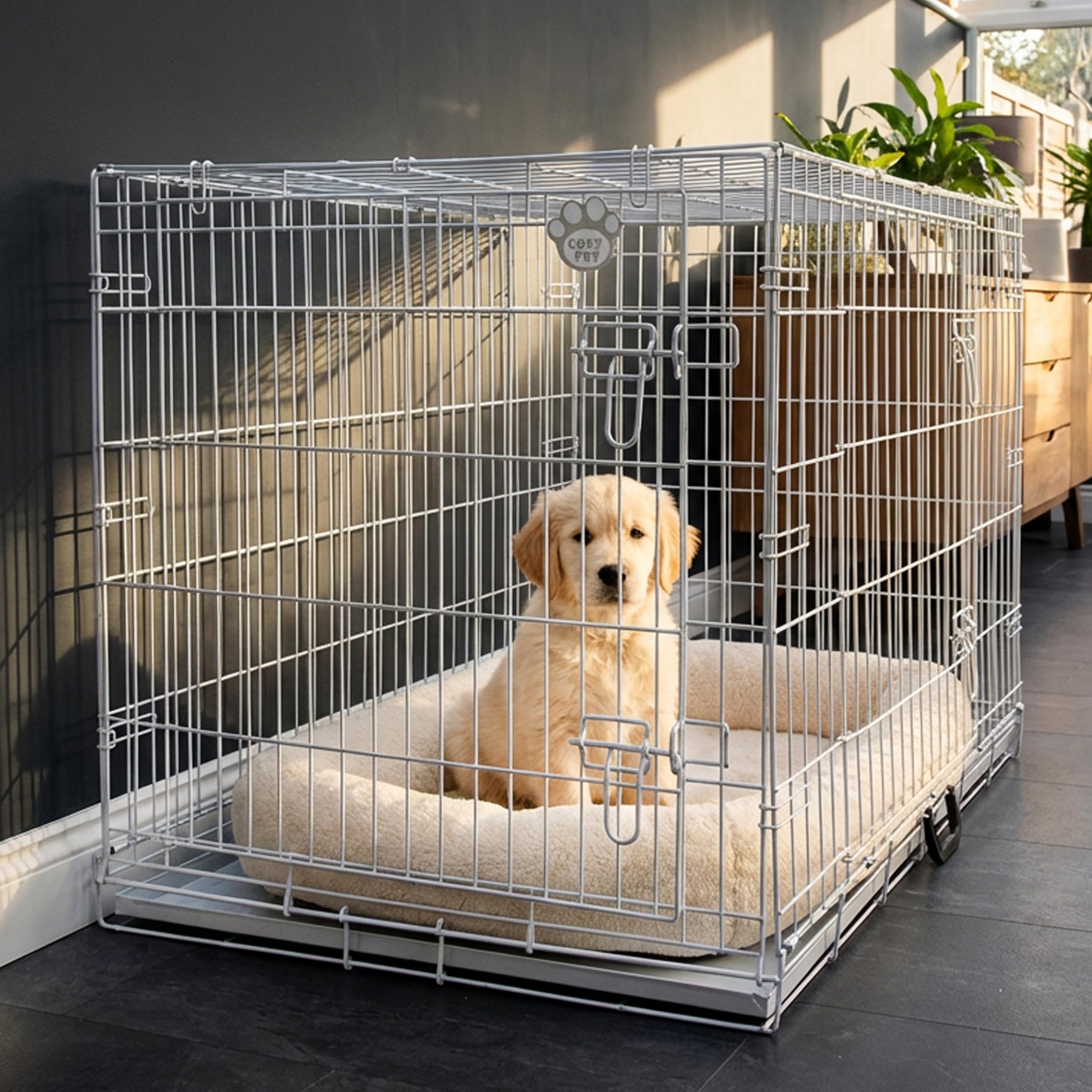 Cozy Pet Dog Crate 42" Grey Chew Proof Metal Tray Large Grey Dog Cage 107.5cm Long Folding Puppy Crate Puppy Cage with Chew Proof Metal Tray, Pen, Cat Carrier DC42G