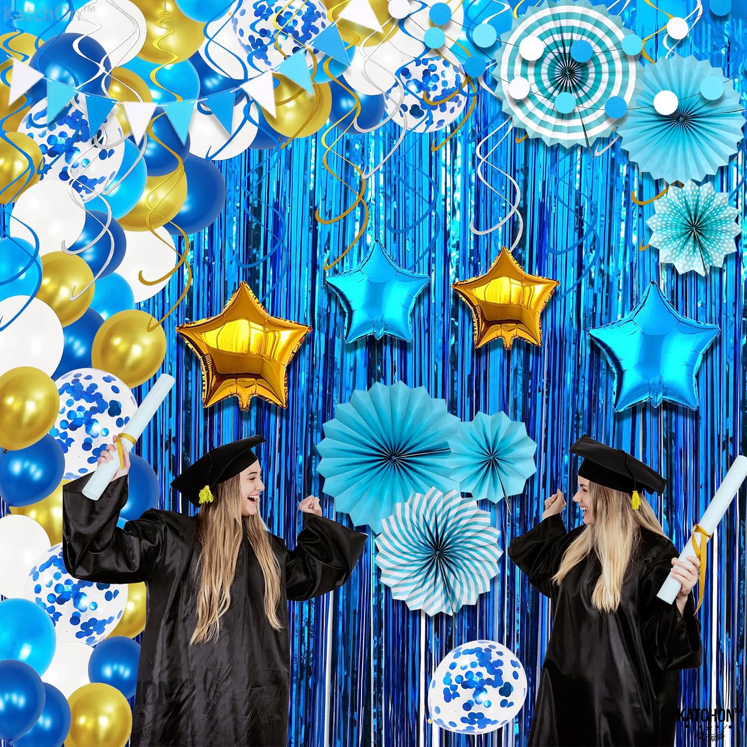 KatchOn, Blue Party Decorations Set - Pack of 164 | White, Blue and Gold Balloon Arch Kit with Confetti | Blue Streamers | Star Balloon, Paper Fans for Blue Birthday Decorations | Blue Decorations