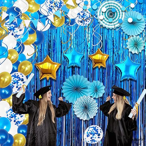 Miniatura 8 de KatchOn, Juego de decoración de fiesta azul – Paquete de 164 | Kit de arco de globos blanco, azul y dorado con confeti | Serpentinas azules | Globo