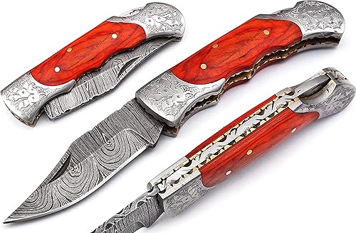 Miniatura 7 de Hecho a mano Damasco hoja de acero cuchillo de bolsillo con funda de cuero 5170 PINK, cuchillos para hombres mejor regalo (rosa)