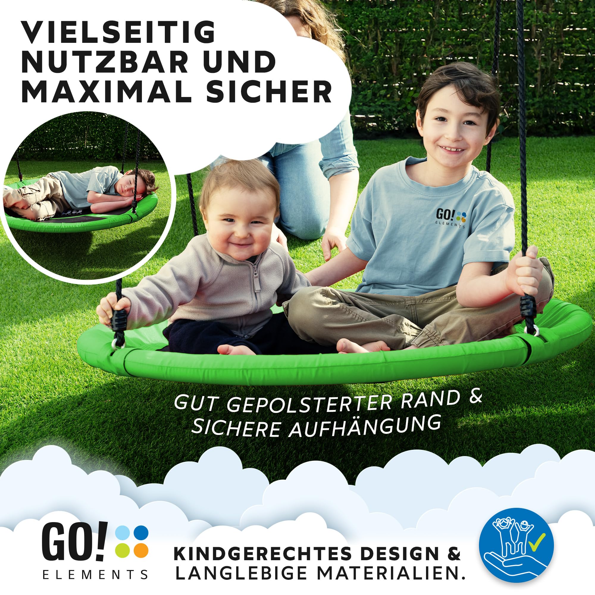 GO!elements Nestschaukel Outdoor | Kinderschaukel oder Gartenschaukel | Höhenverstellbare Schaukel für Kinder & Erwachsene (Familienschaukel) bis 150 KG belastbar | Größe: ø 100cm, Farbe: Grün