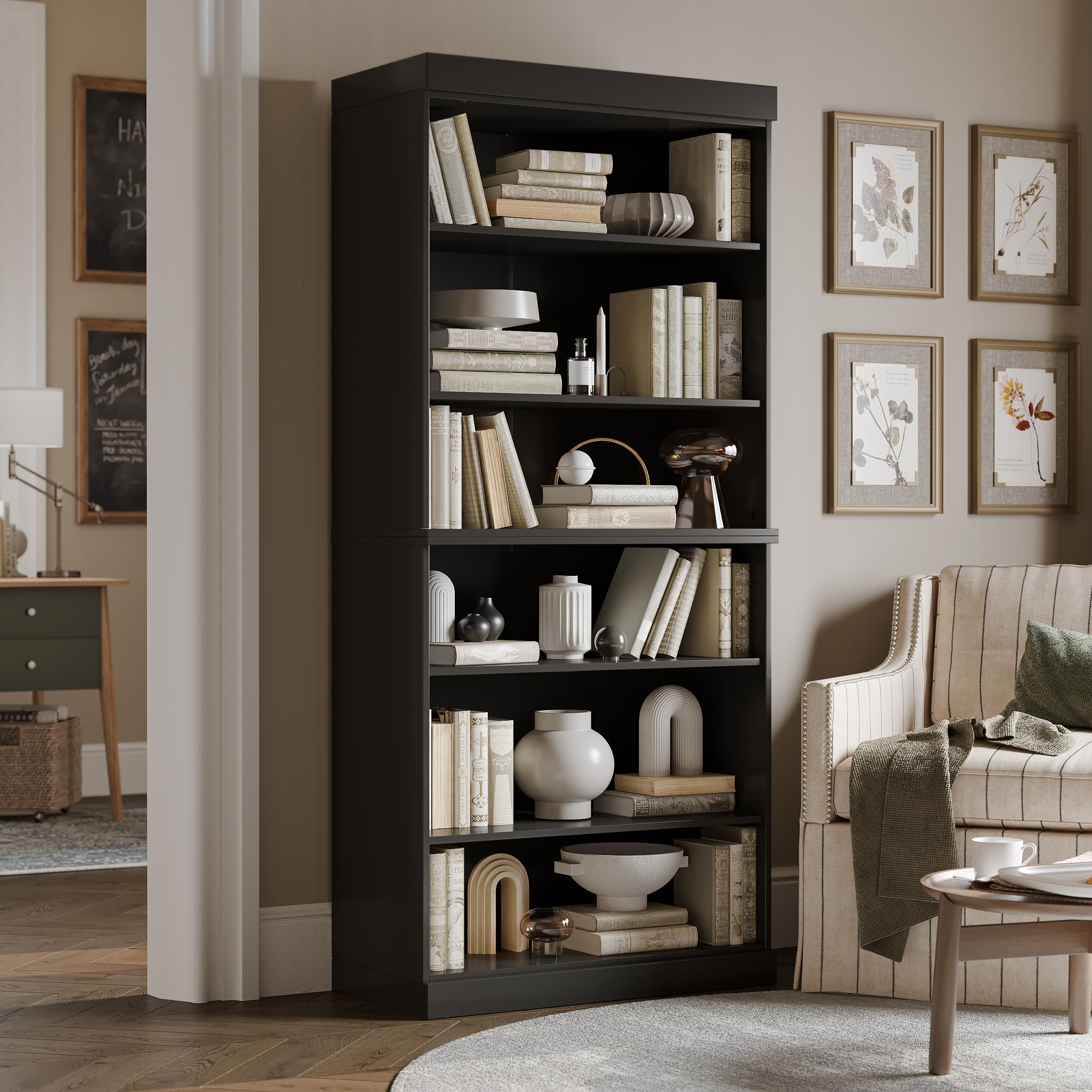 Palace Imports Solid Wood Bookcase - Stackable Modular 6-Tier Bookshelf - 71.5" Tall x 32" Wide - Black, Open Display Shelf for Living Room, Office,