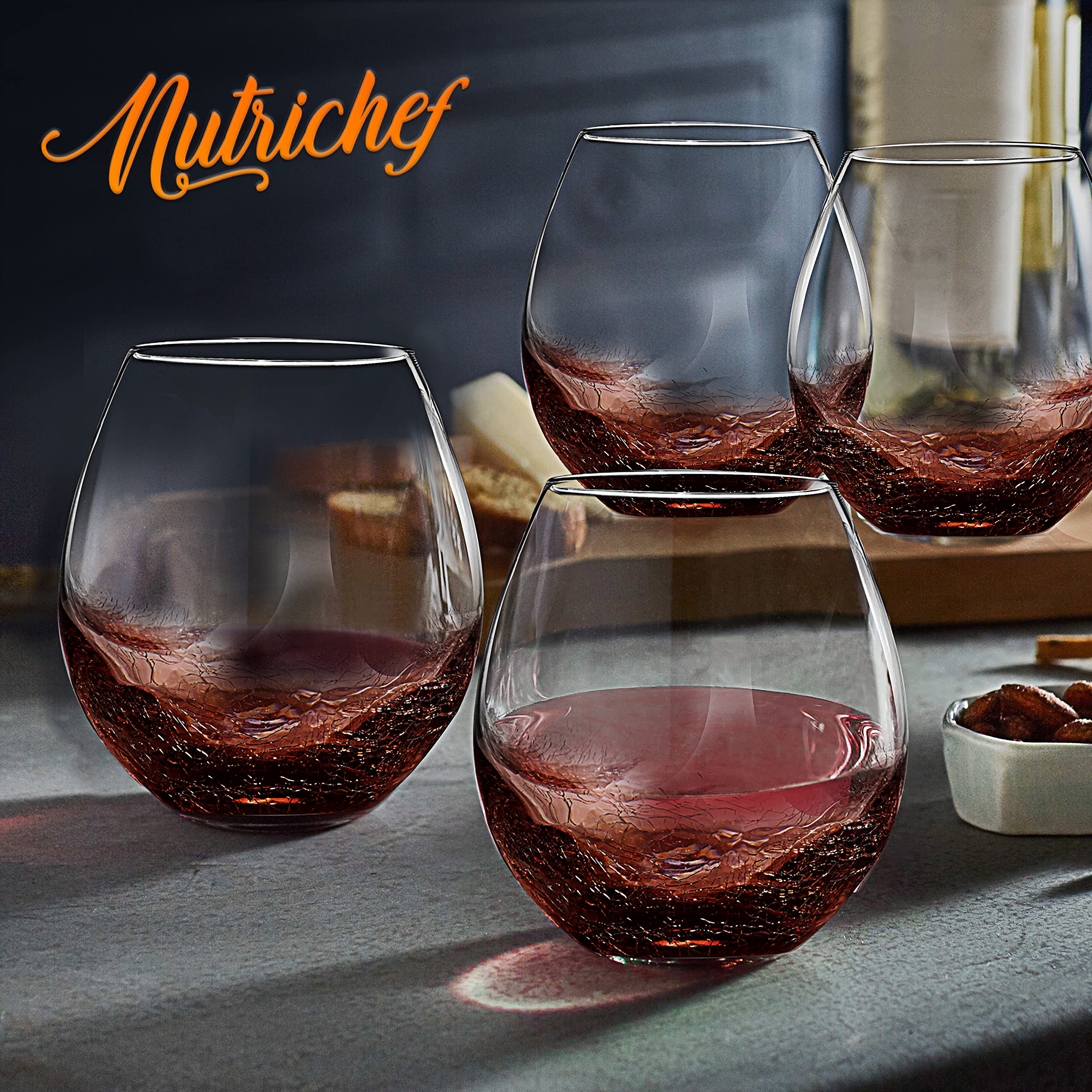 NutriChef Weingläser ohne Stiel, für Rot- oder Weißwein, 540 ml, 4 Stück, für Partys und Geschenke, klares, bleifreies und eisrissiges Design