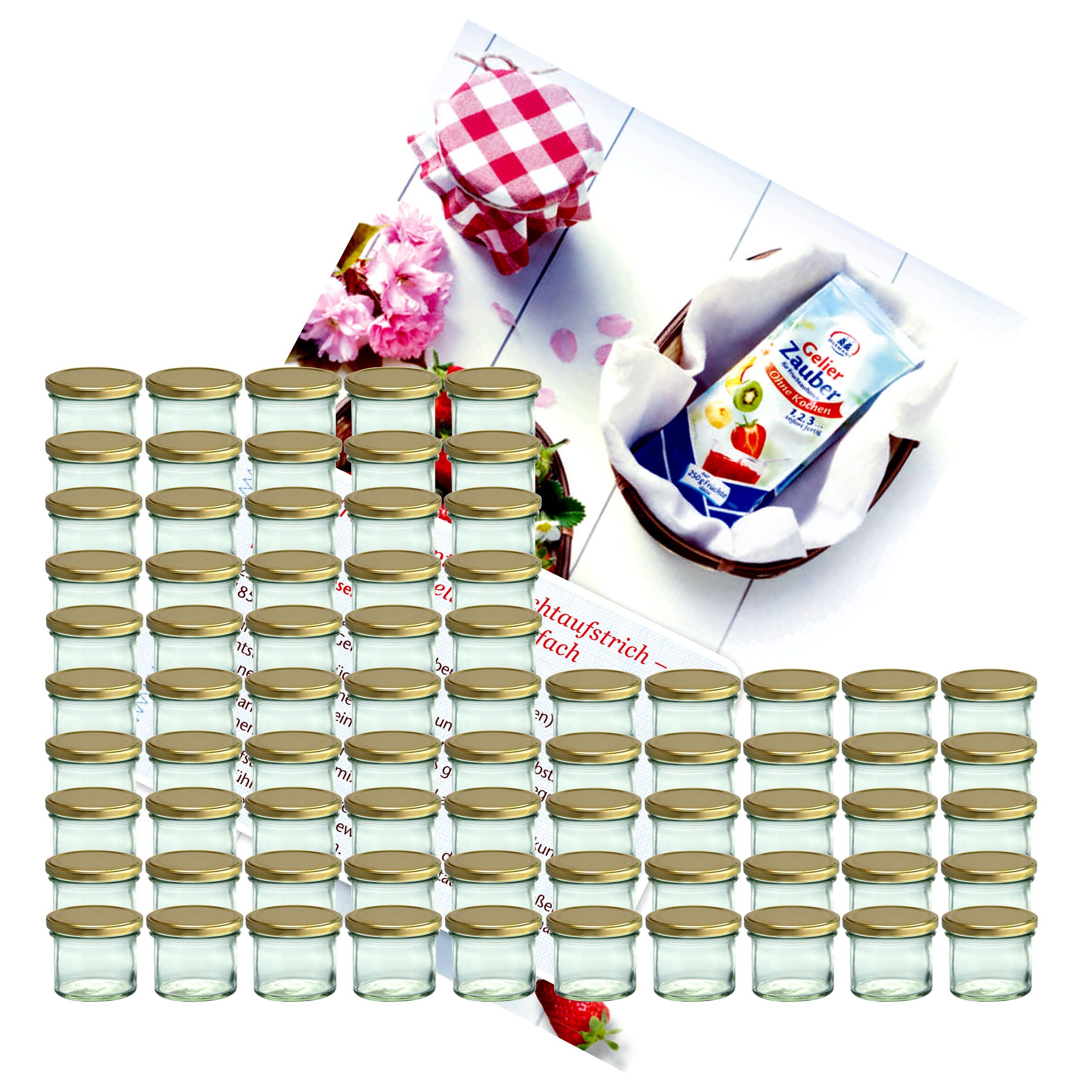 MamboCat Set van 75 weckpotten 125 ml jampotten, inmaakpotten, inmaakpotten, weckpotten, tot 66 gouden deksels incl. Diamant-suiker Gelierzauber receptenboekje