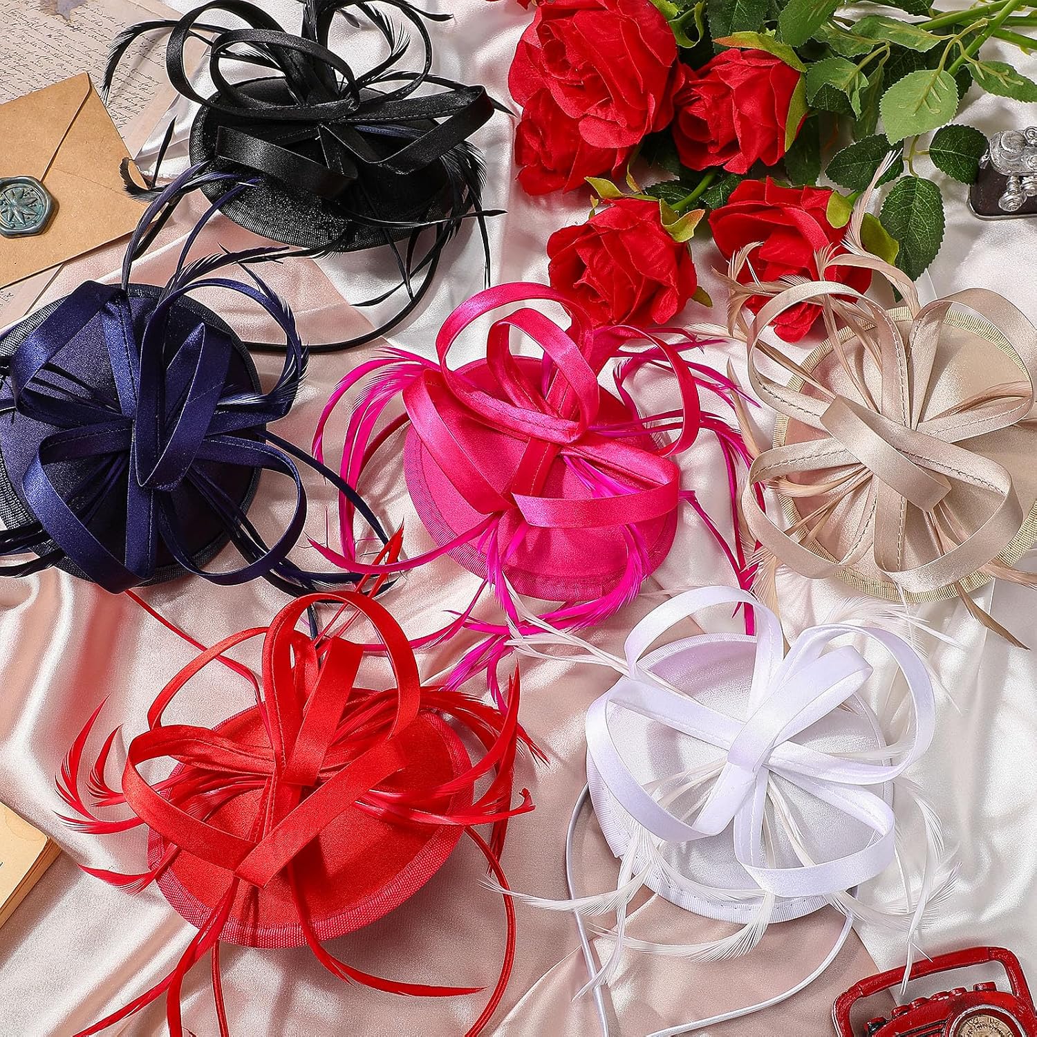 Roshtia 6 Pcs Derby Party Hat Headband for Women Fascinator Hats for Tea Party Wedding Bridal Cocktail Feathers Hair Clip
