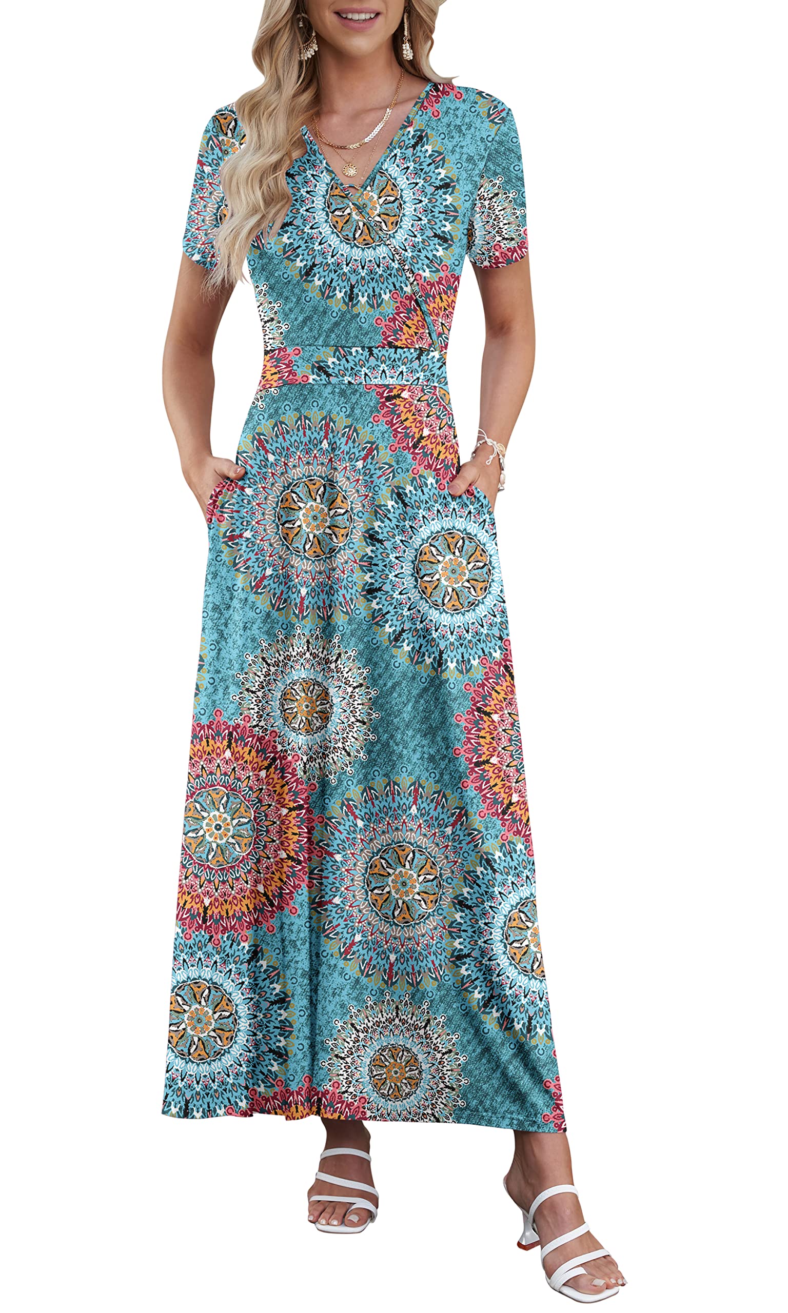 AUSELILY Maxi Dresses for Women Ankle Length Floral Print Beach Long Flowy Dress with Pockets