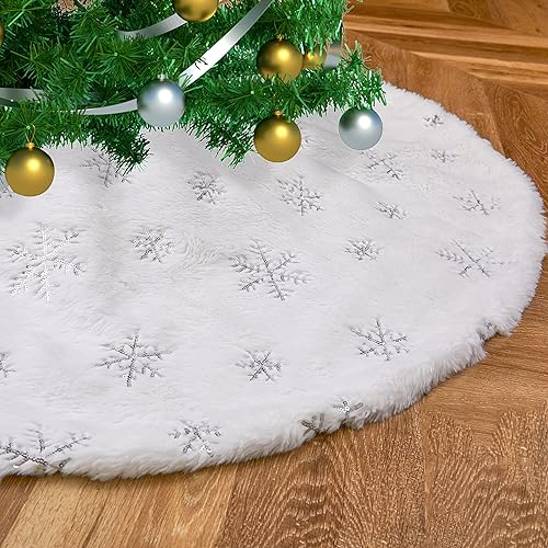 Falda de árbol de Navidad de 36 pulgadas, tapete de árbol esponjoso blanco nevado de piel sintética de doble capa para decoraciones de Navidad,