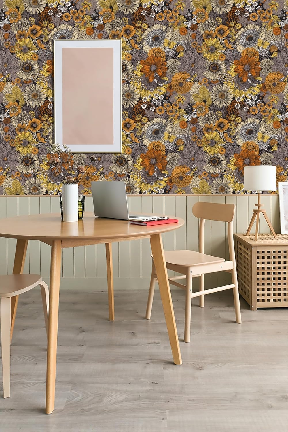 Vintage Floral Peel and Stick Wallpaper, Yellow and Orange Flowers, Self Adhesive Wallpaper for Bedroom Furniture Paper Removable Wall Decorations 17.3in x 118in, 14.5Square Ft/Roll