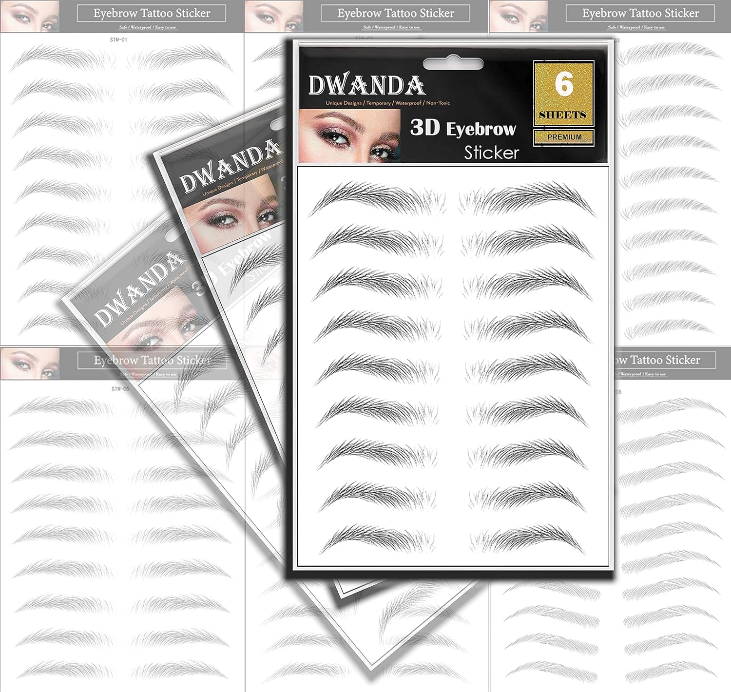 6 Sheets Premium Dwanda 3D Realistic Long Lasting Eyebrow Transfers, Realistic Looking Natural Eyebrows, Waterproof Eyebrow Tattoo stickers for Woman Makeup, Black, 54-Pairs of Brows