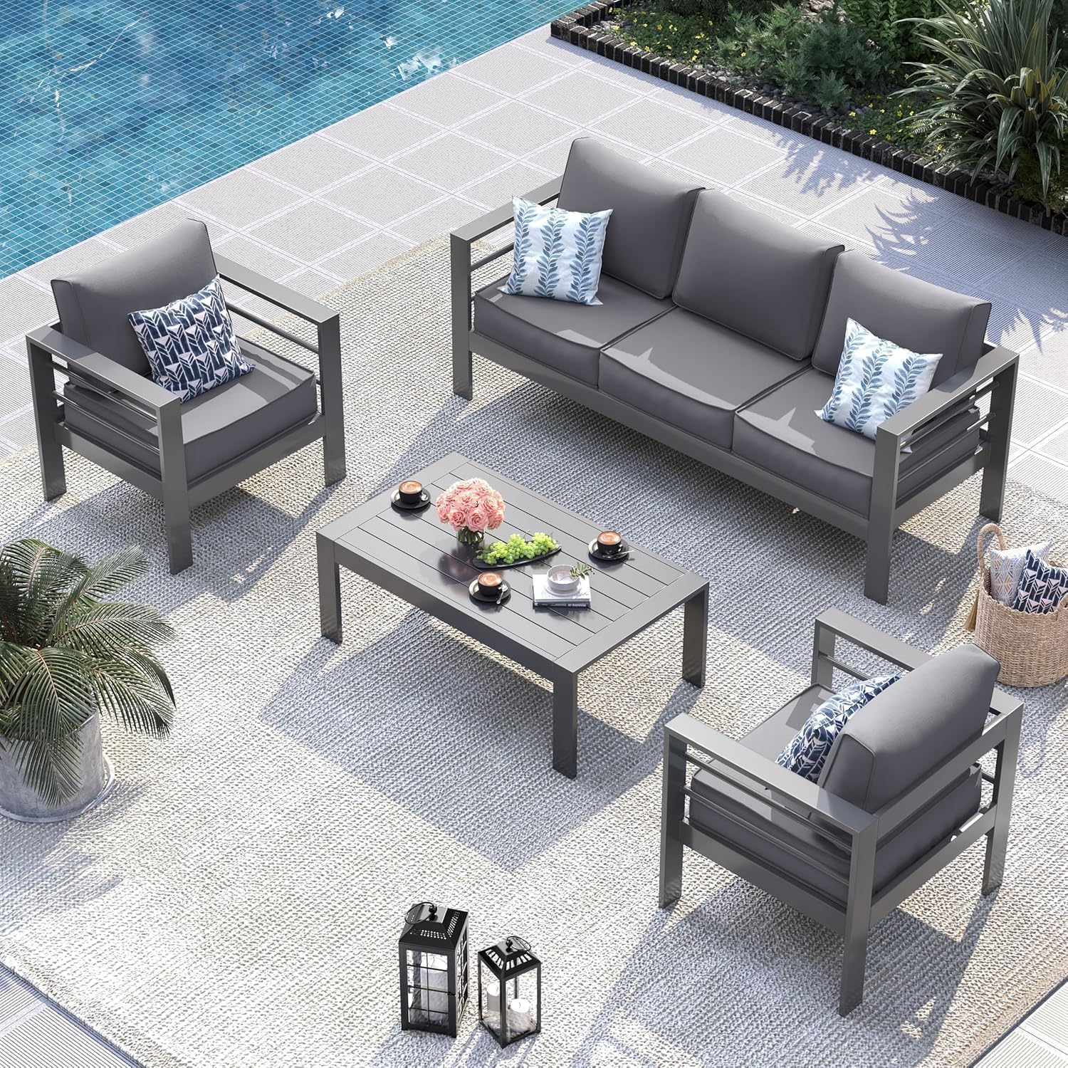 UDPATIO Aluminum Outdoor Furniture Set, 3.2'' Wide Armrest, 240g Premium Olefin Fabric All-Weather & UV-Resistant Patio Furniture Set for Deck, Backyard, Poolside, Dark Gray