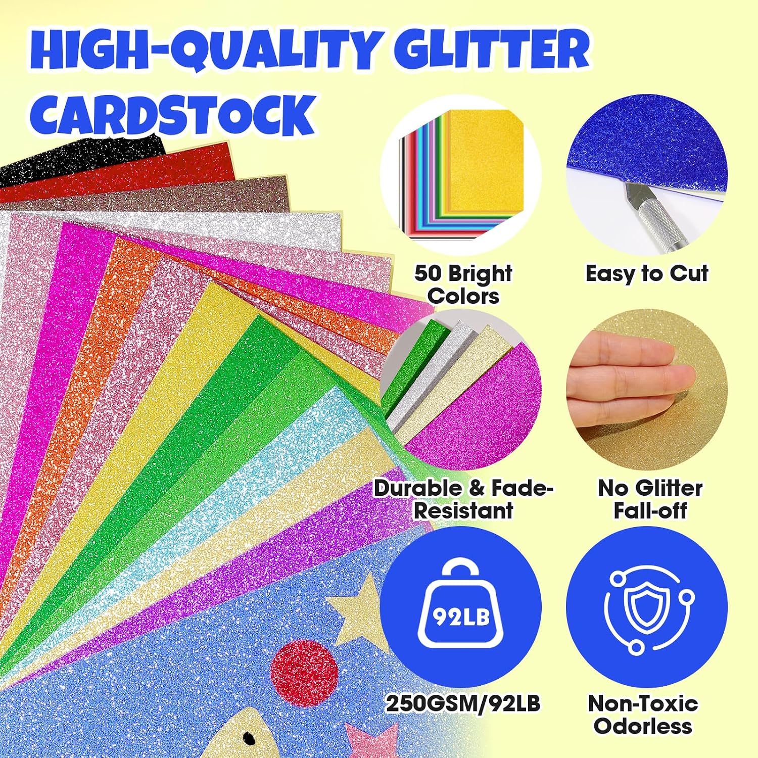 50 Sheets 8.5" X 11" Glitter Cardstock,50 Assorted Colors 250GSM/92LB Glitter Card stock,No-Shed Sparkly Glitter Paper for Arts and Crafts, Decorative, Card Making, Scrapbooking, DIY Projects