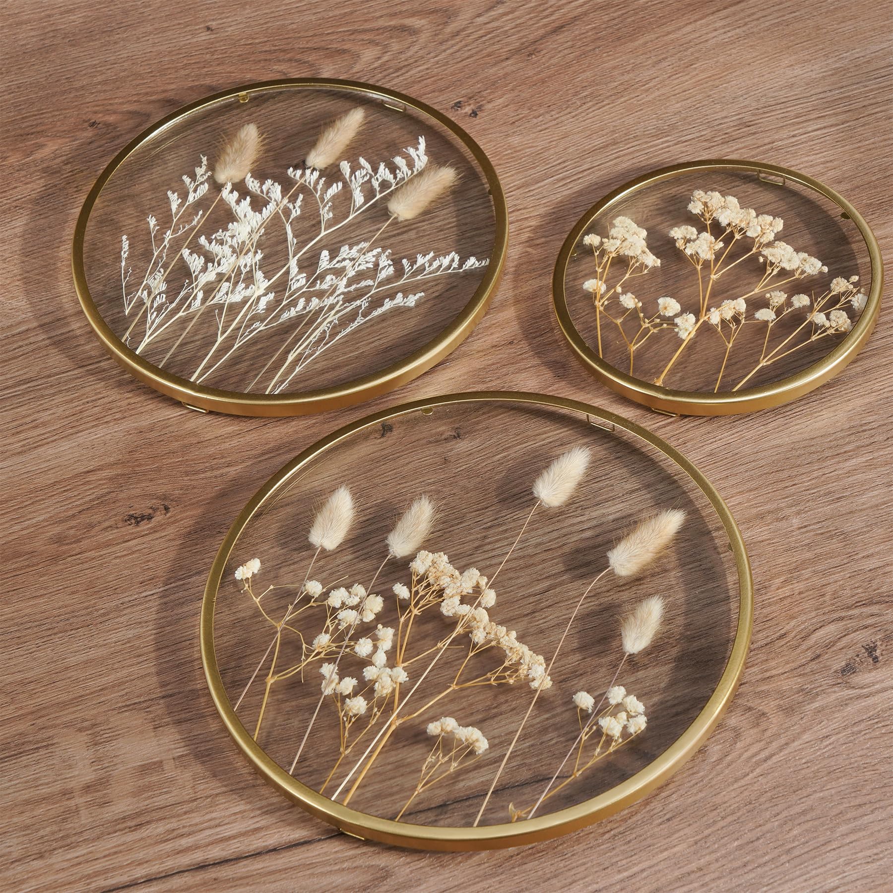 Set 3 Decorazioni Da Parete Boho WPAJIRZO Con Fiori Secchi Pressati In Cornice Di Vetro: Diametri 16, 22 E 25 Cm, Stile Floreale Per Soggiorno