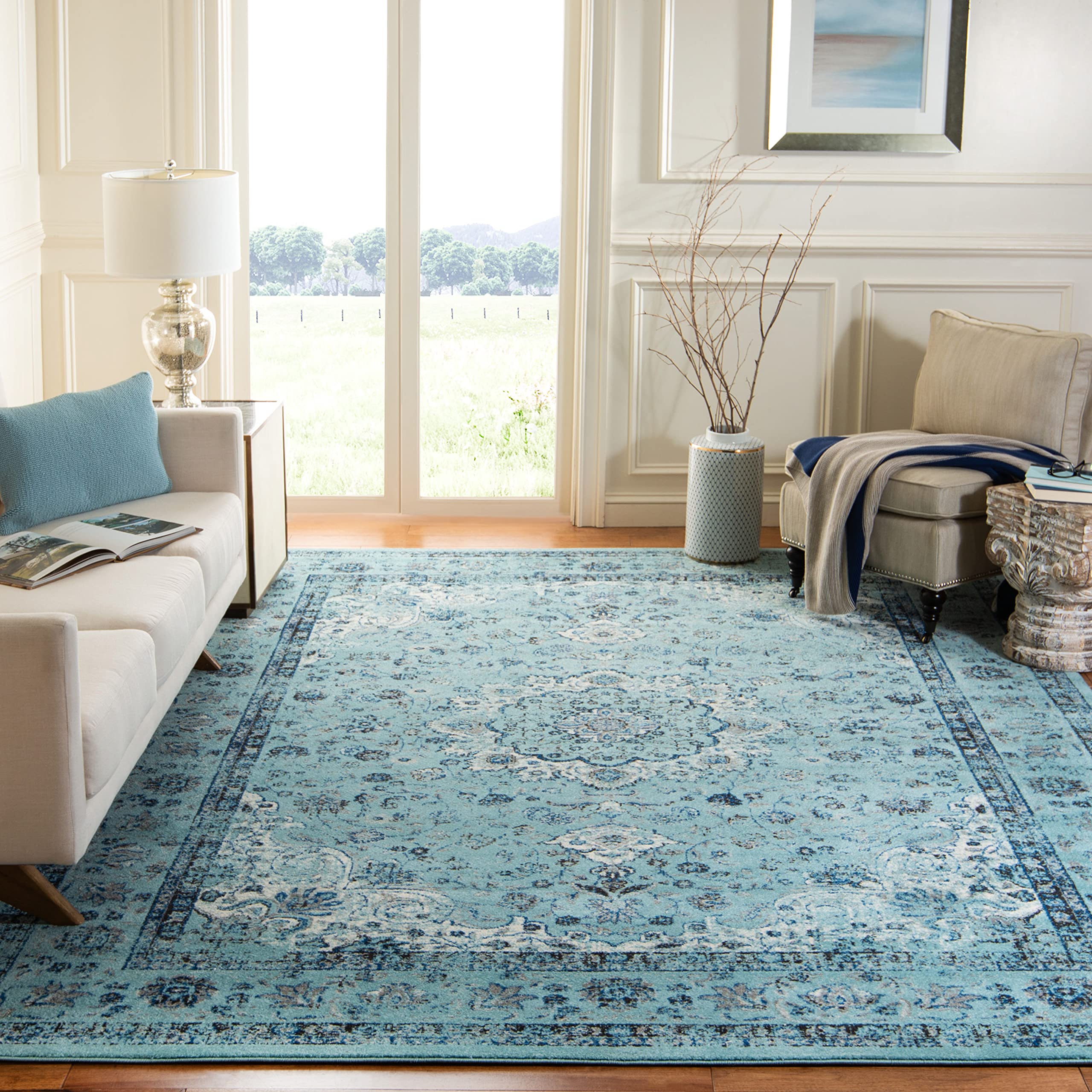 SAFAVIEH Area Rug 8x10 - Evoke Collection - Large - Light Blue, Shabby Chic Oriental Medallion Design, Non-Shedding & Easy to Clean, Ideal for Living