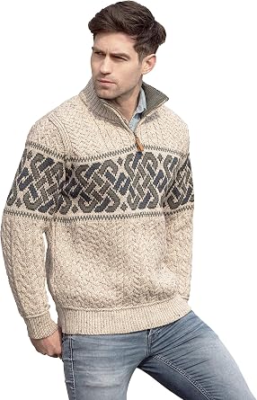 Aran Crafts Mens Irish Cable Knit Wool Half Zip Jacquard Sweater X4843-LG-OAT Oatmeal