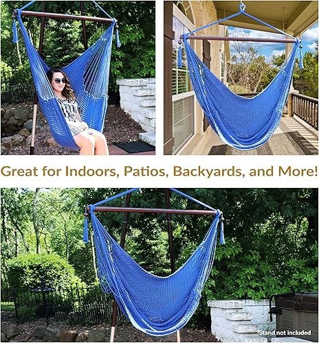 Miniatura 5 de Silla-hamaca colgante caribeña extra-grande Sunnydaze, cuerda de poliéster delicadamente tejida, asiento de 40 pulgadas, peso límite de 300 libras,