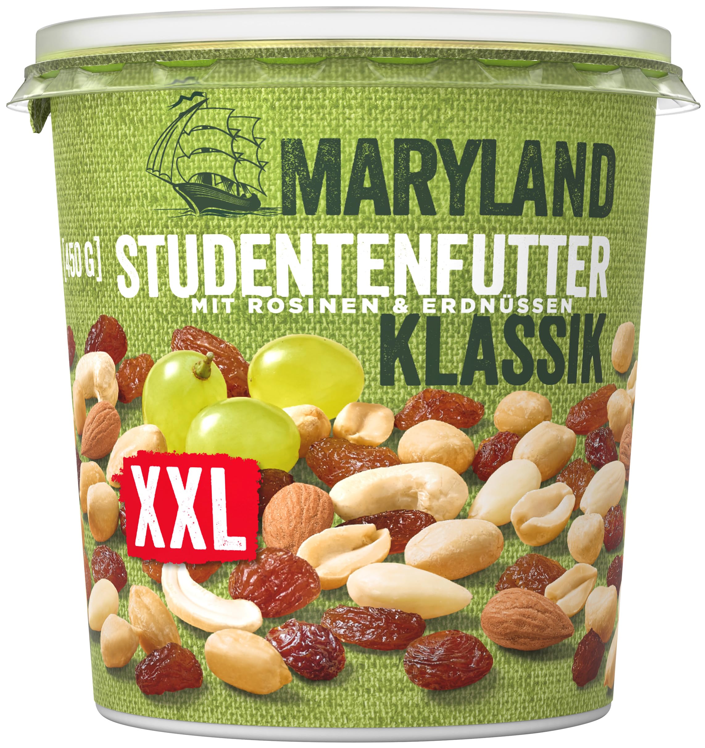 Maryland Studentenfutter Klassik XXL 450g Becher 12er Pack – Rosinen Erdnusskerne Cashewkerne und Mandeln in Nuss-Frucht-Mischung Wiederverschließbarer Becher (12 x 450g)