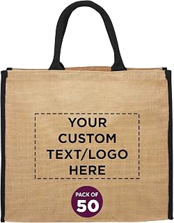 DISCOUNT PROMOS Custom Fresno Eco Friendly Jute Tote Bags Set of 50, Personalized Bulk Pack - Reusable, Great for Tradeshows, Grocery, Shopping and Outdoor Events - Black