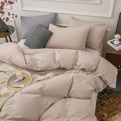 Miniatura 4 de Janlive Juego de funda de edredón de algodón lavado, tamaño Queen, ultra suave, 100% algodón, color camello claro, con cierre de cremallera, 3