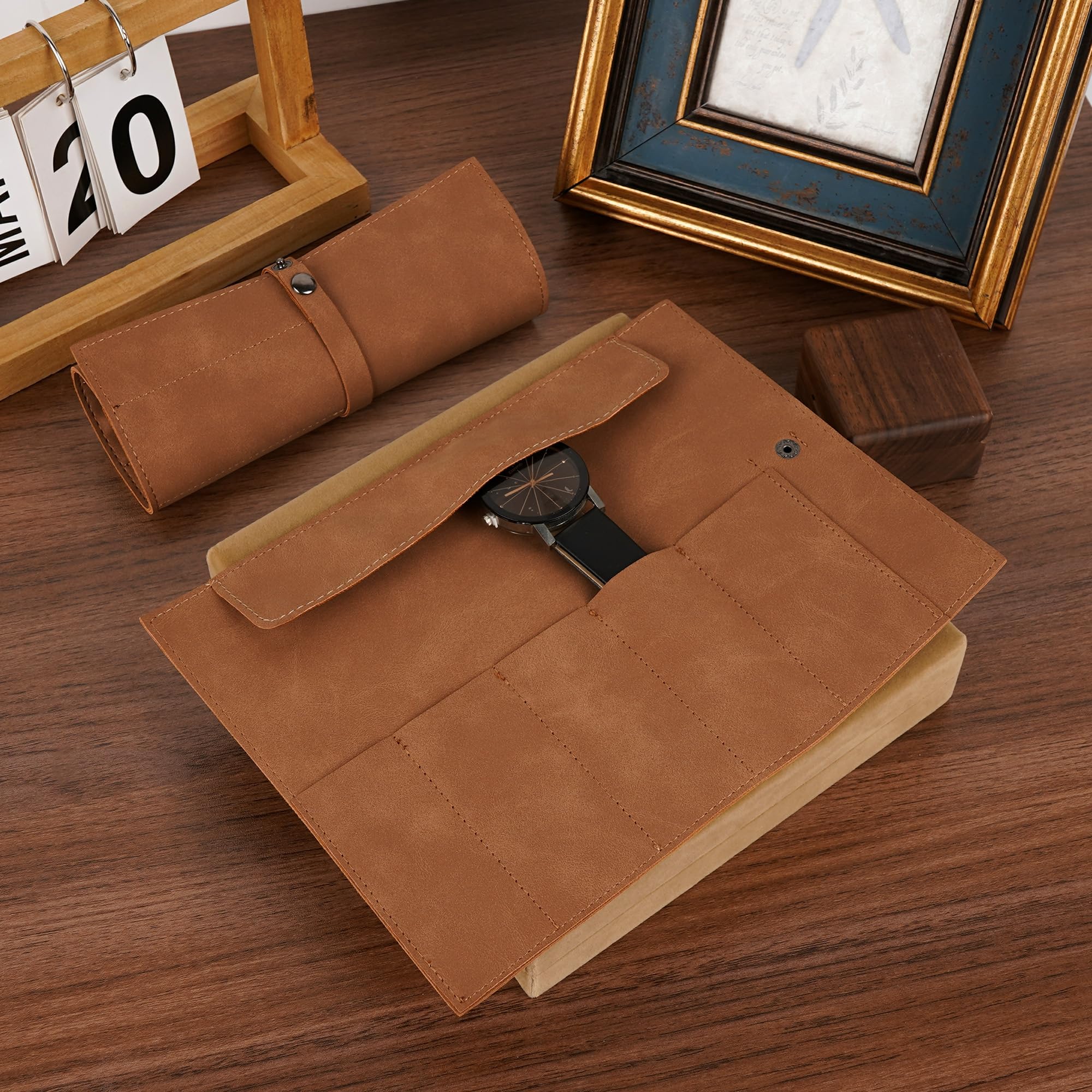 Estuche enrollable de cuero para reloj, organizador de relojes de viaje de 5 ranuras con cordón y cierre a presión, bolsa de almacenamiento portátil para reloj de pulsera, soporte suave para