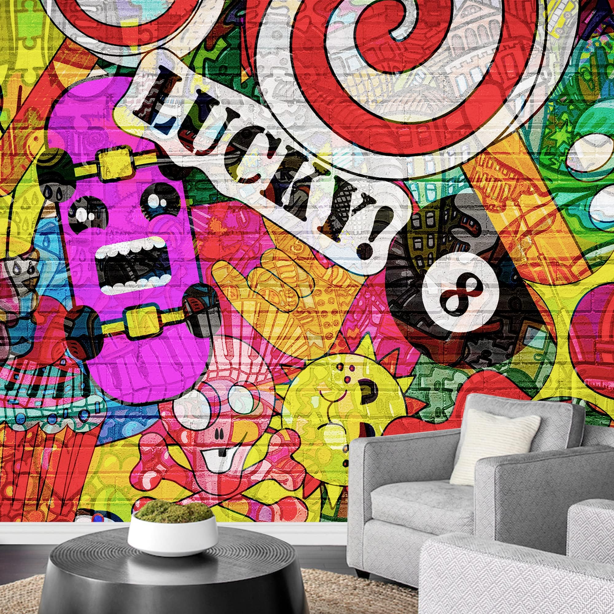 wall26 Removable Wall Sticker/Wall Mural Vibrant Spray Paint Cartoon Brick Wall Graffiti & Street Art Cityscape Digital Art Realism Urban Edgy for Living Room, Bedroom, Office - 66x96 inches