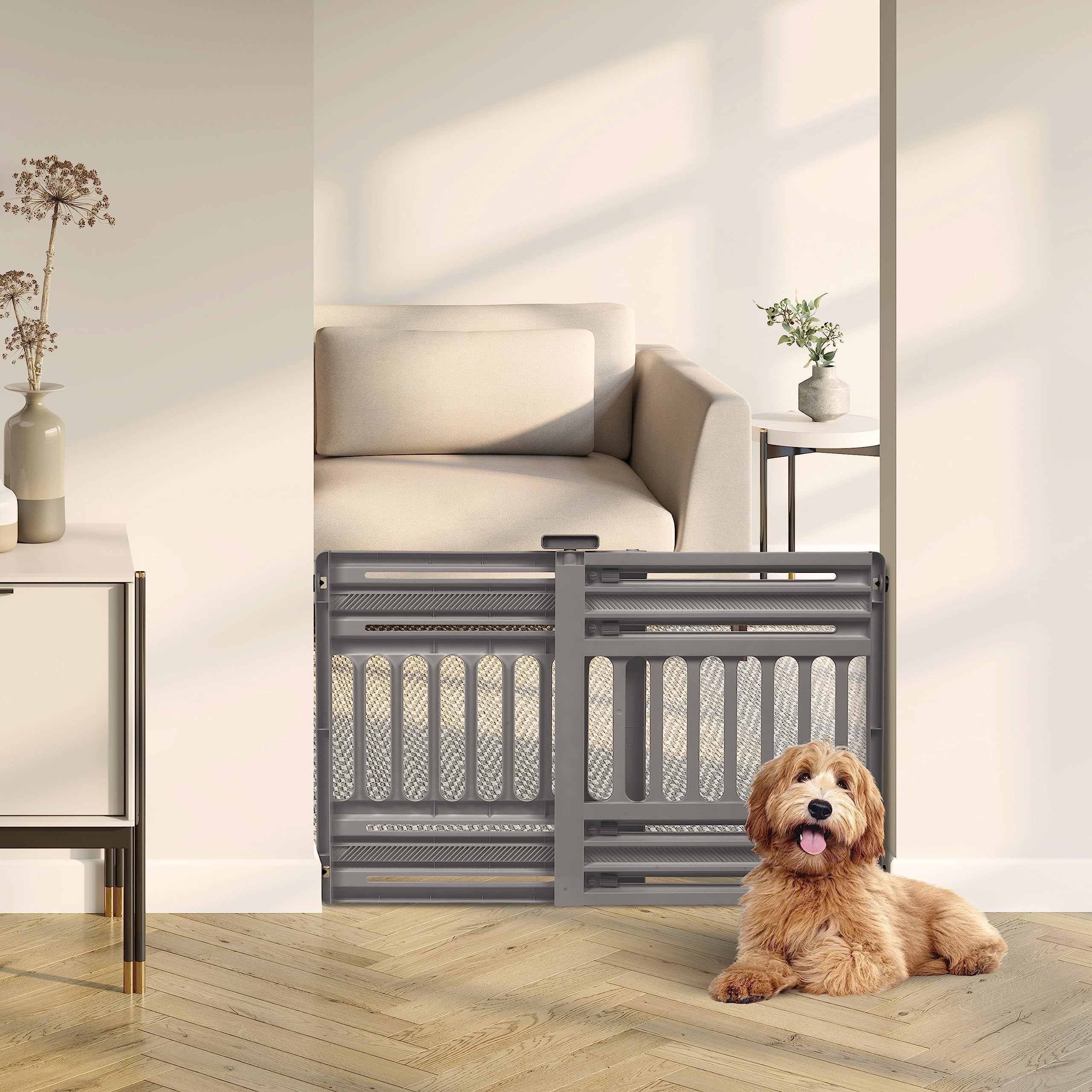 IRIS OHYAMA USA 24"-39" Portable Expandable Pet Gate, Adjustable Pet Barrier for Puppy Small Dog Fits Most Doorways Easy Twist-to-Lock Feature Heavy-Duty Molded Plastic 25" Tall, Gray
